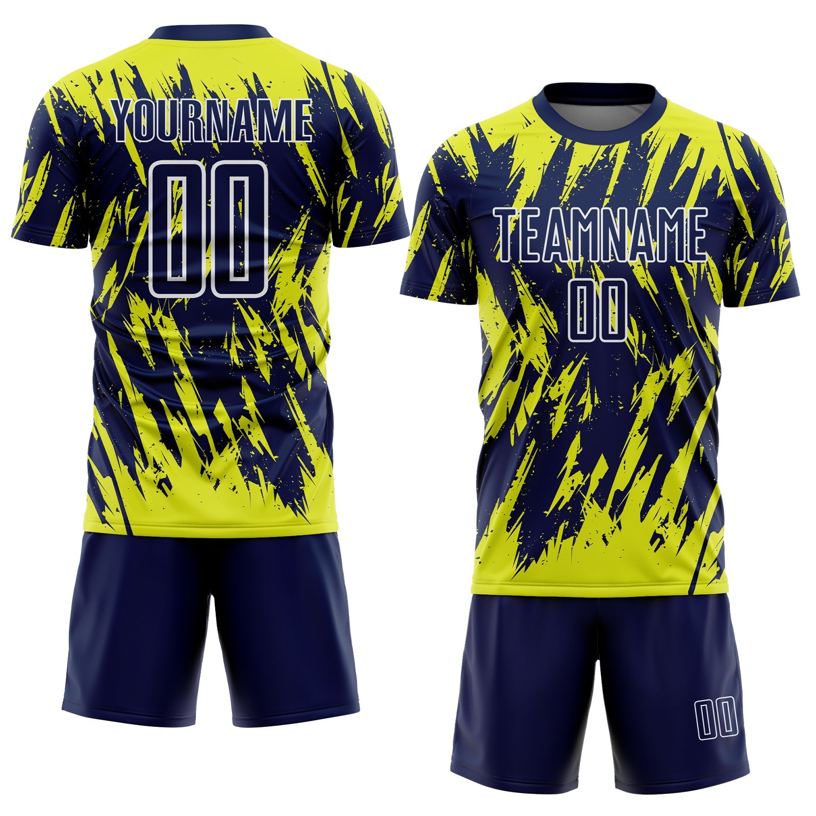 Custom Navy Neon Yellow-White Splatter Torn Sharp Brush Stroke Sublimation Soccer Uniform Jersey view 2