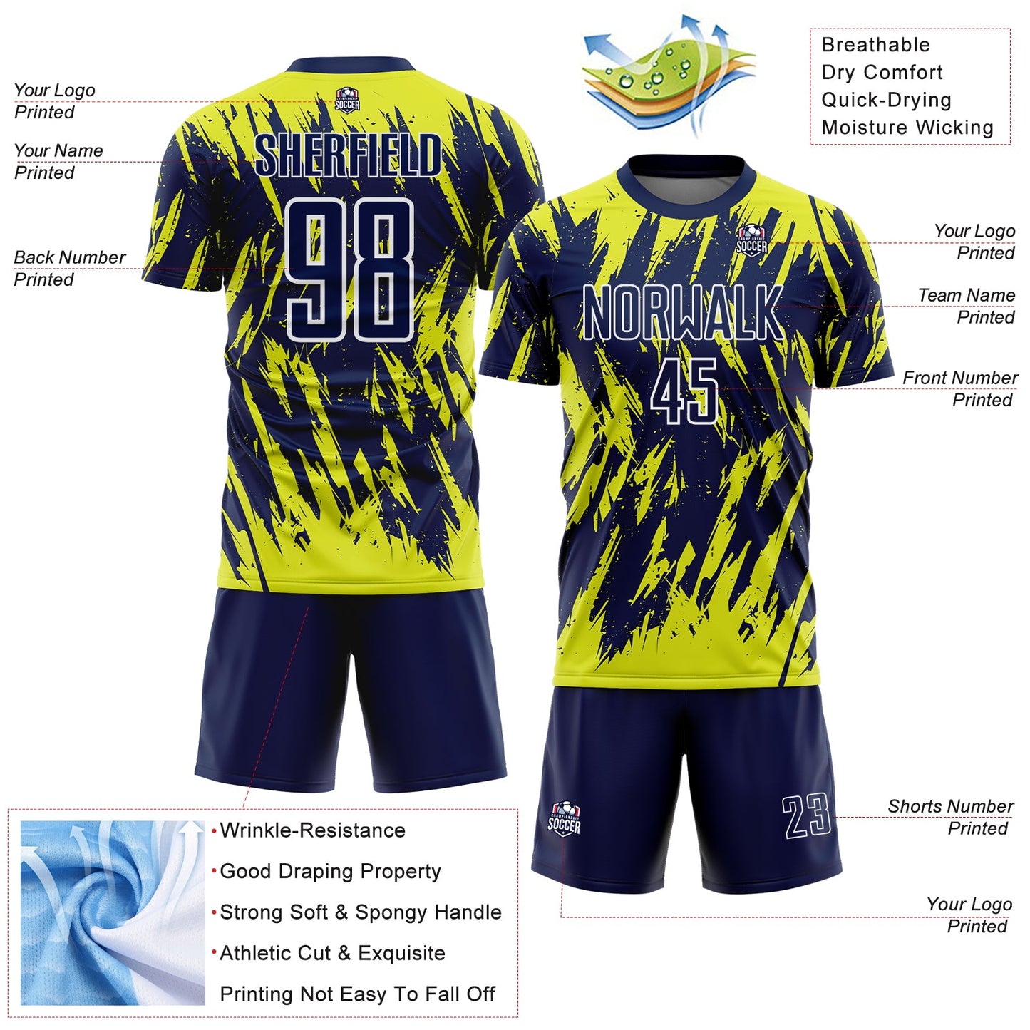 Custom Navy Neon Yellow-White Splatter Torn Sharp Brush Stroke Sublimation Soccer Uniform Jersey view 4