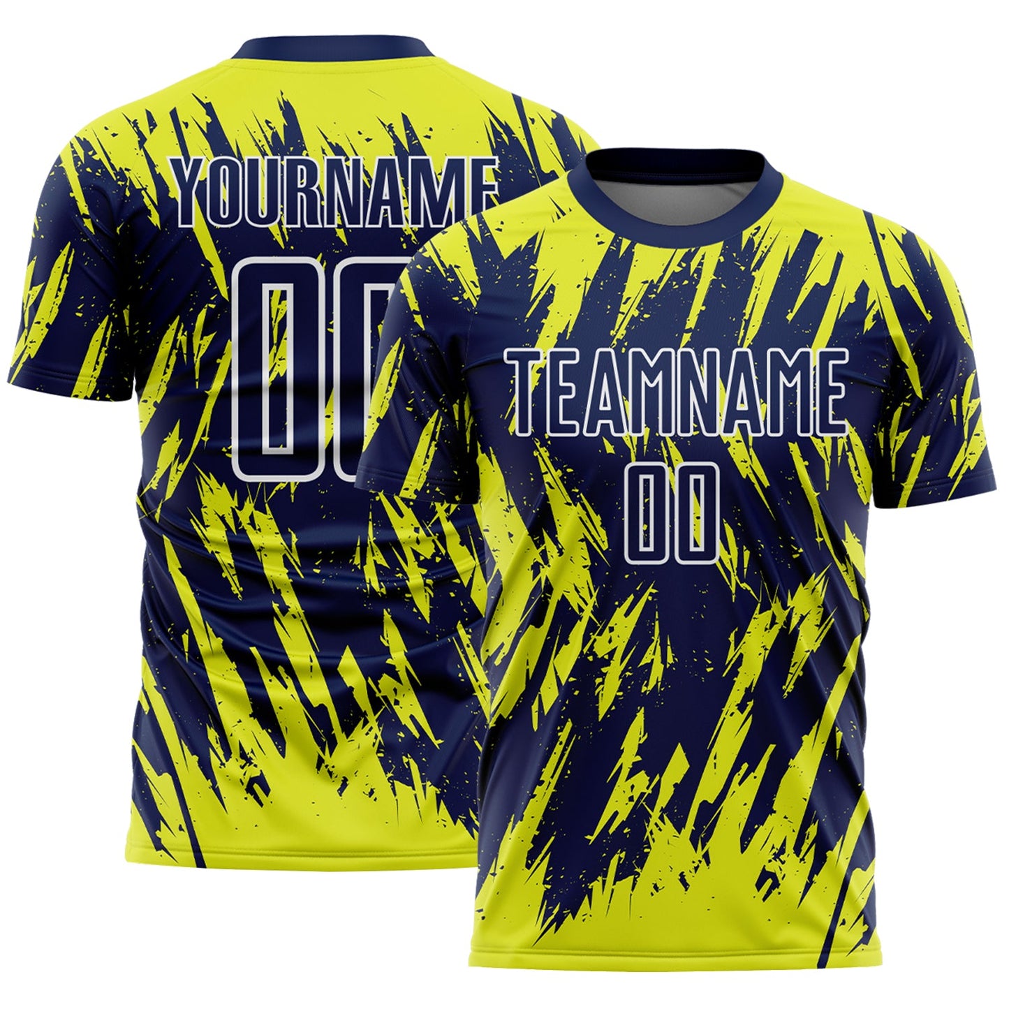 Custom Navy Neon Yellow-White Splatter Torn Sharp Brush Stroke Sublimation Soccer Uniform Jersey - Main View