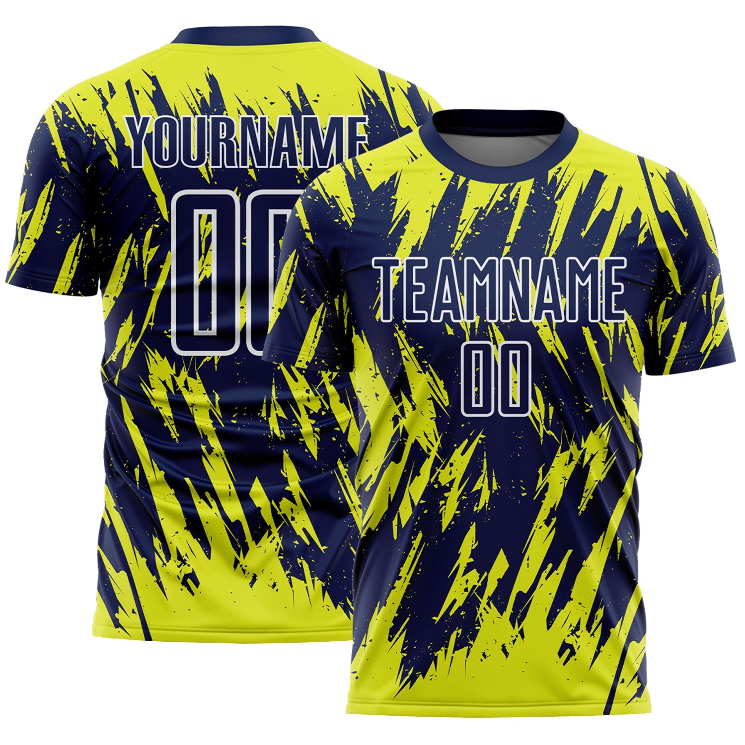 Custom Navy Neon Yellow-White Splatter Torn Sharp Brush Stroke Sublimation Soccer Uniform Jersey - Main View