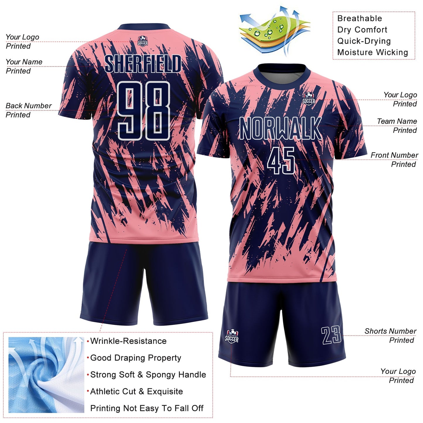 Custom Navy Medium Pink-White Splatter Torn Sharp Brush Stroke Sublimation Soccer Uniform Jersey view 4