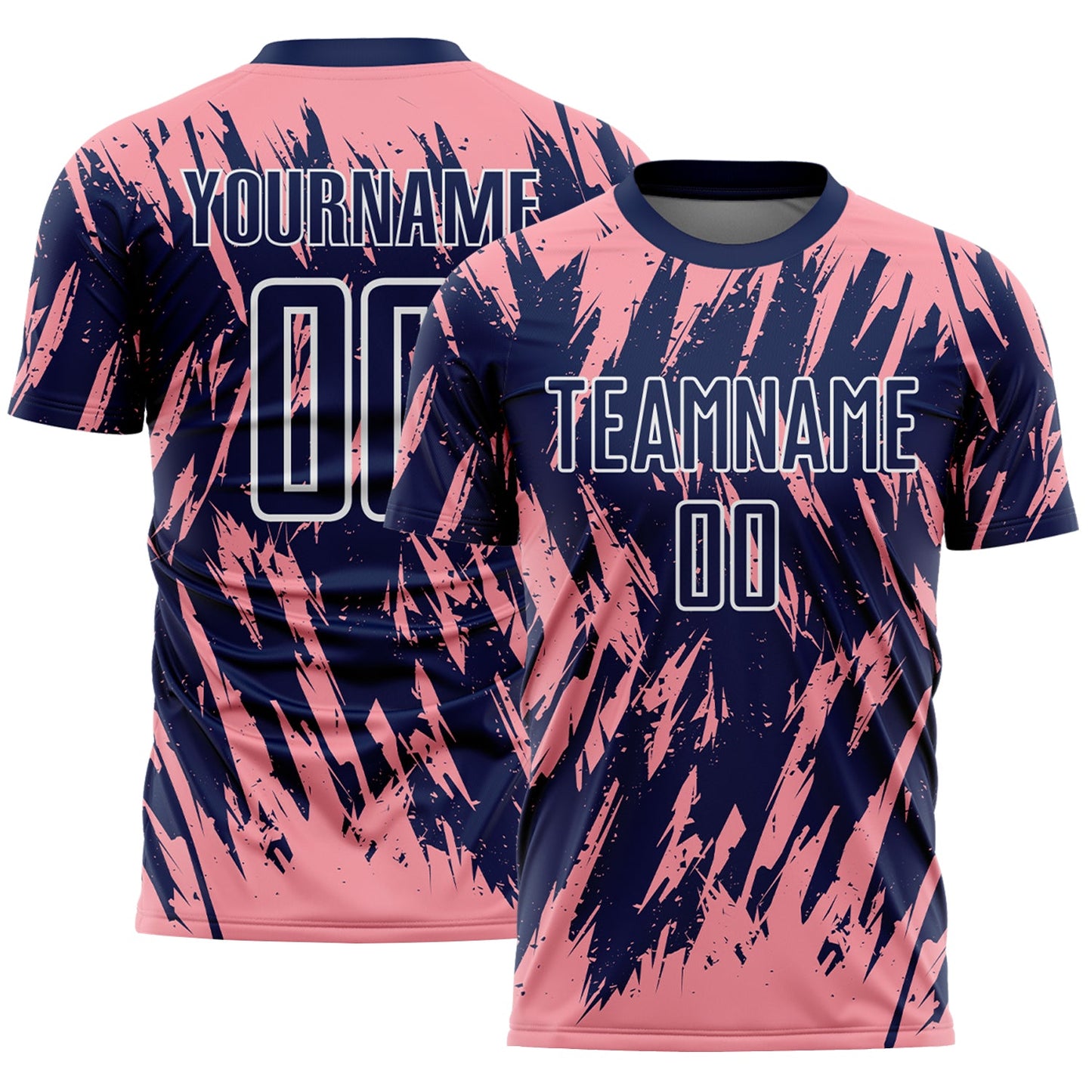 Custom Navy Medium Pink-White Splatter Torn Sharp Brush Stroke Sublimation Soccer Uniform Jersey - Main View