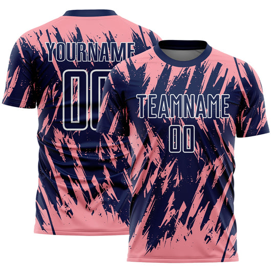 Custom Navy Medium Pink-White Splatter Torn Sharp Brush Stroke Sublimation Soccer Uniform Jersey - Main View