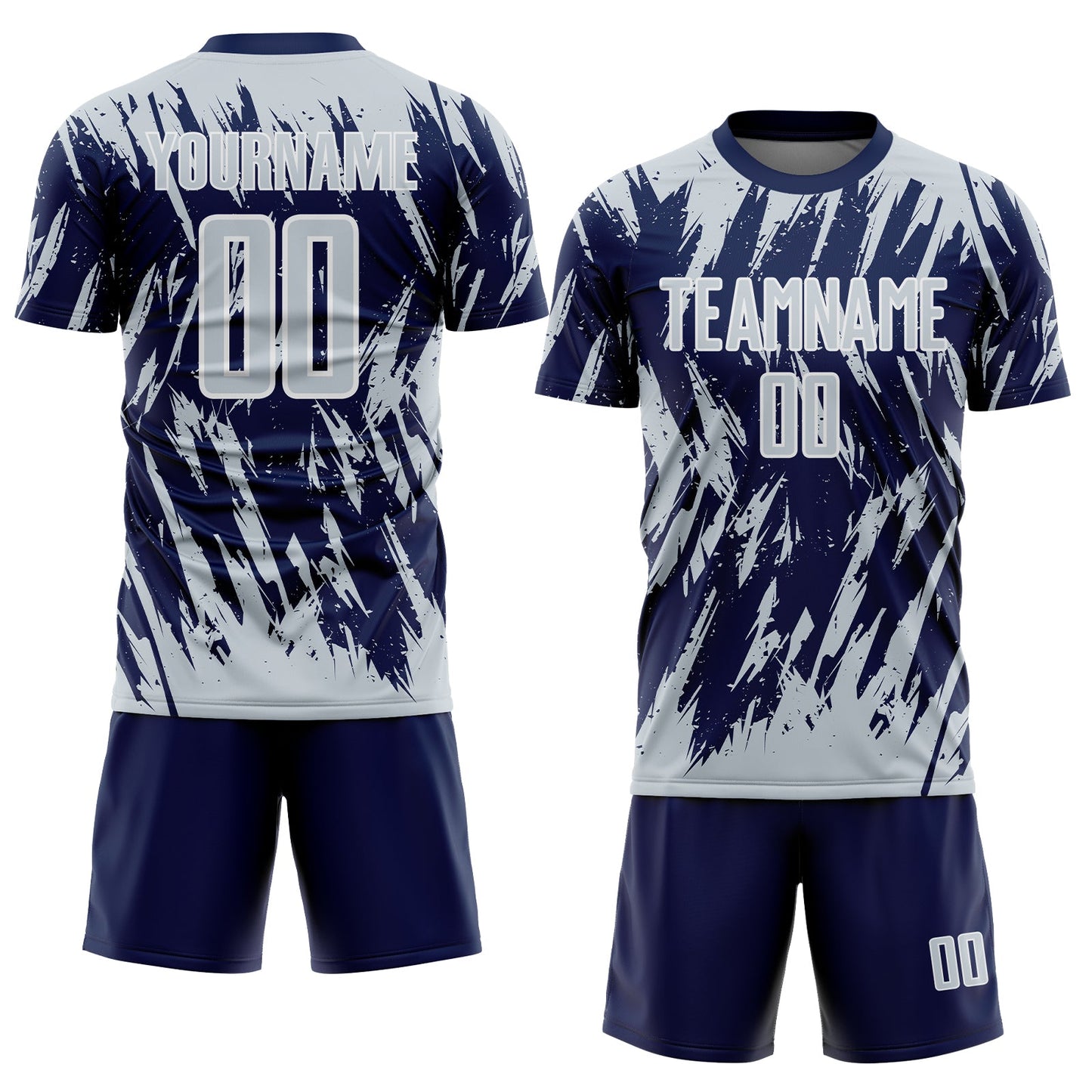 Custom Navy Silver-White Splatter Torn Sharp Brush Stroke Sublimation Soccer Uniform Jersey view 2