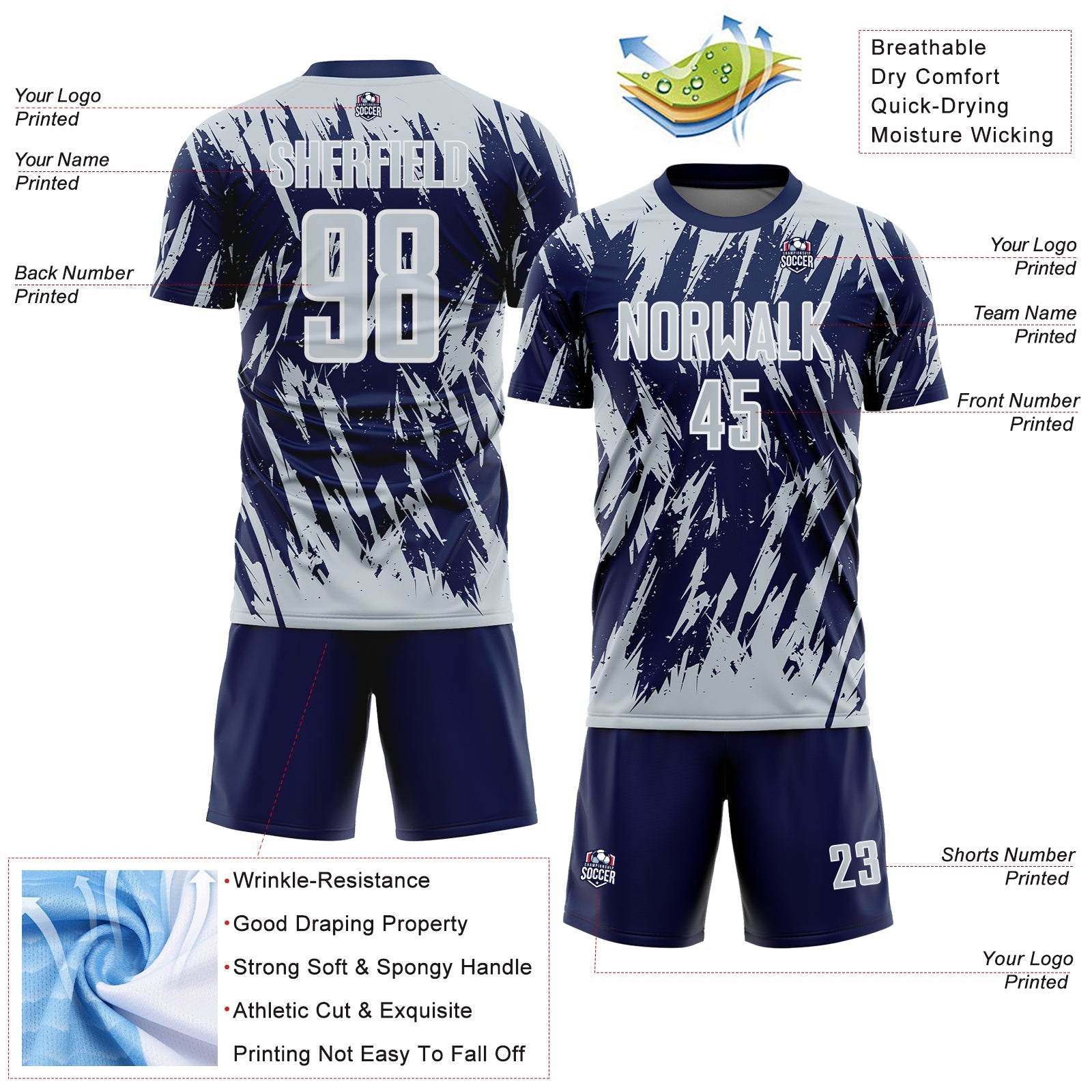 Custom Navy Silver-White Splatter Torn Sharp Brush Stroke Sublimation Soccer Uniform Jersey view 4
