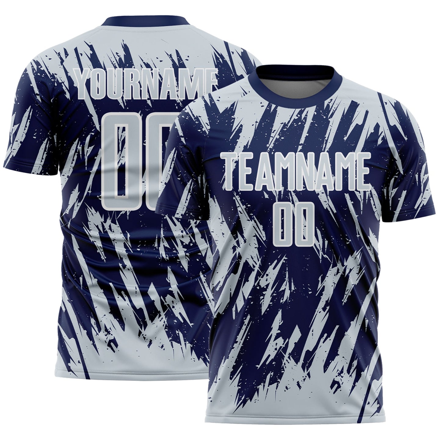 Custom Navy Silver-White Splatter Torn Sharp Brush Stroke Sublimation Soccer Uniform Jersey - Main View