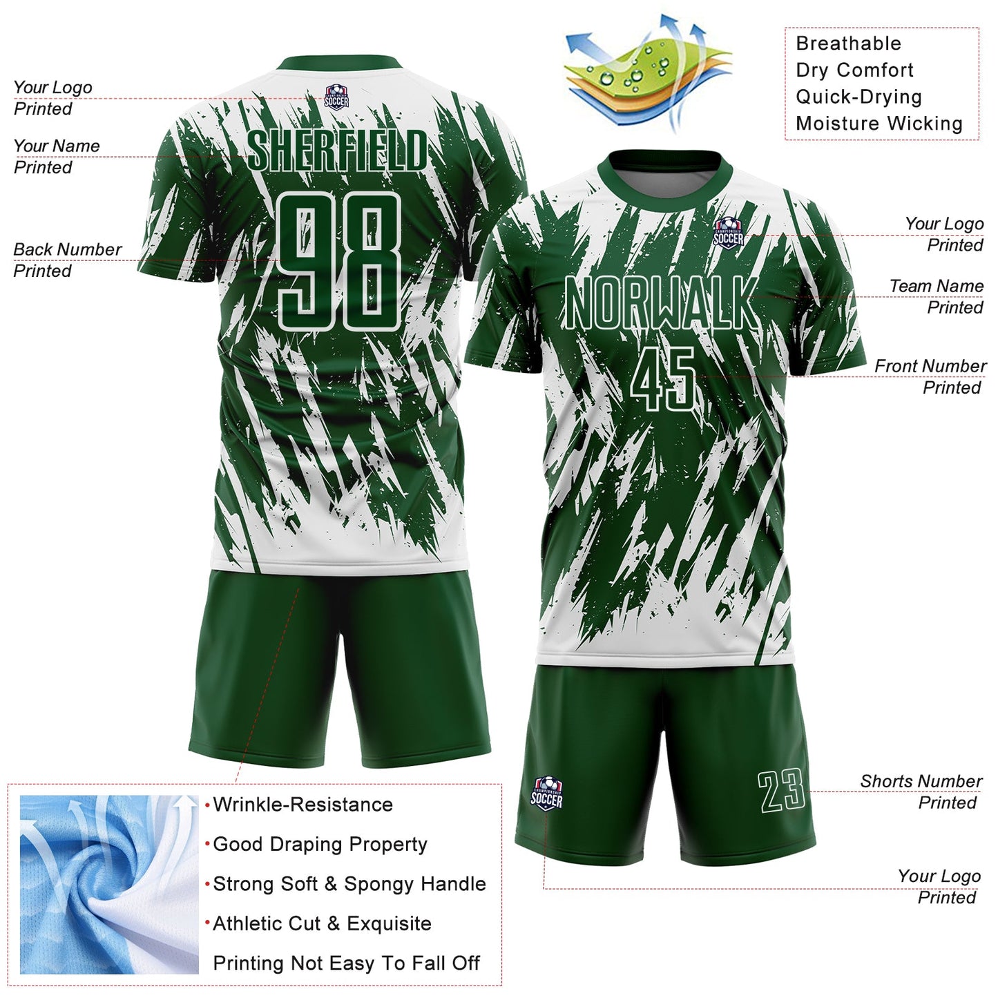 Custom Green-White Splatter Torn Sharp Brush Stroke Sublimation Soccer Uniform Jersey view 4