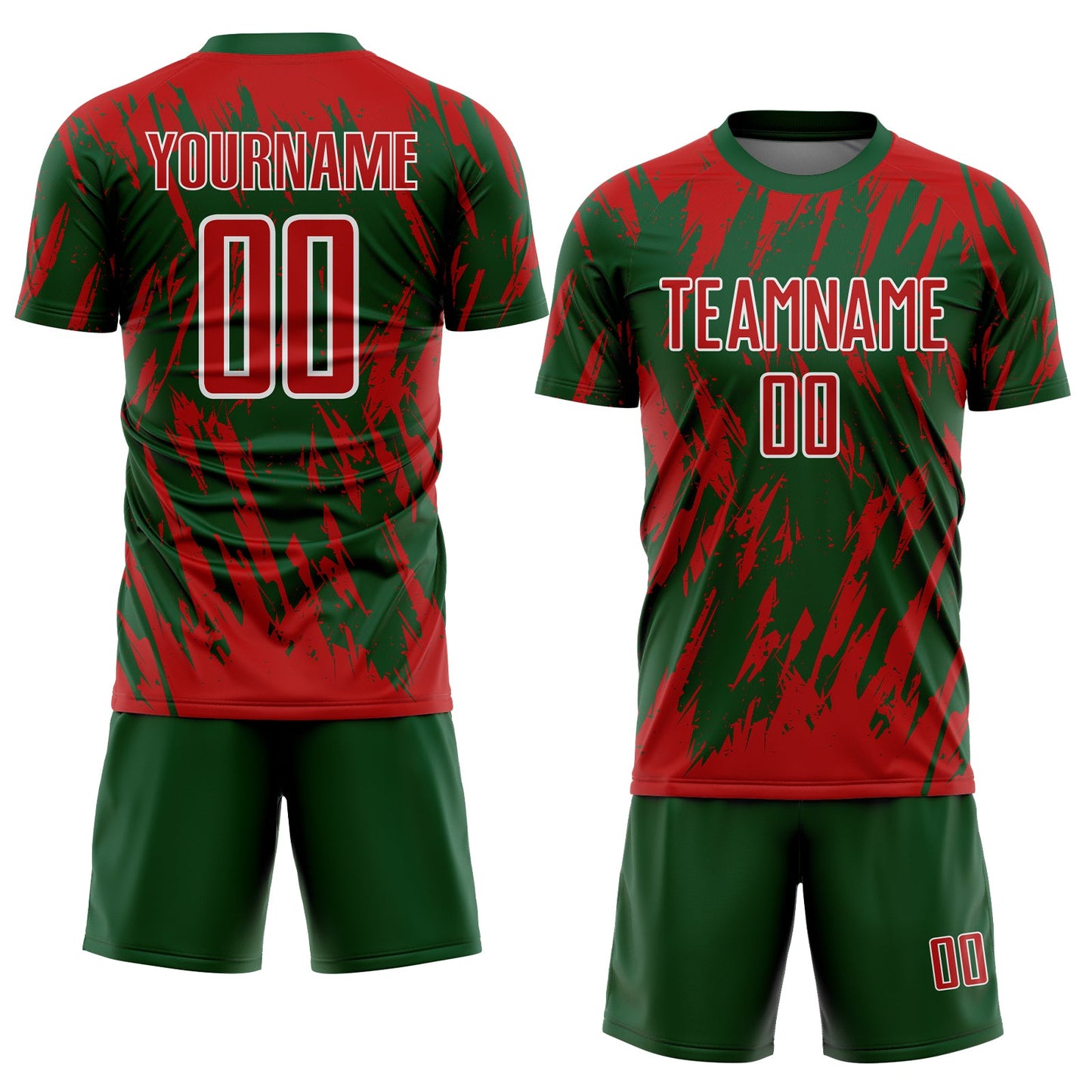Custom Green Red-White Splatter Torn Sharp Brush Stroke Sublimation Soccer Uniform Jersey view 2