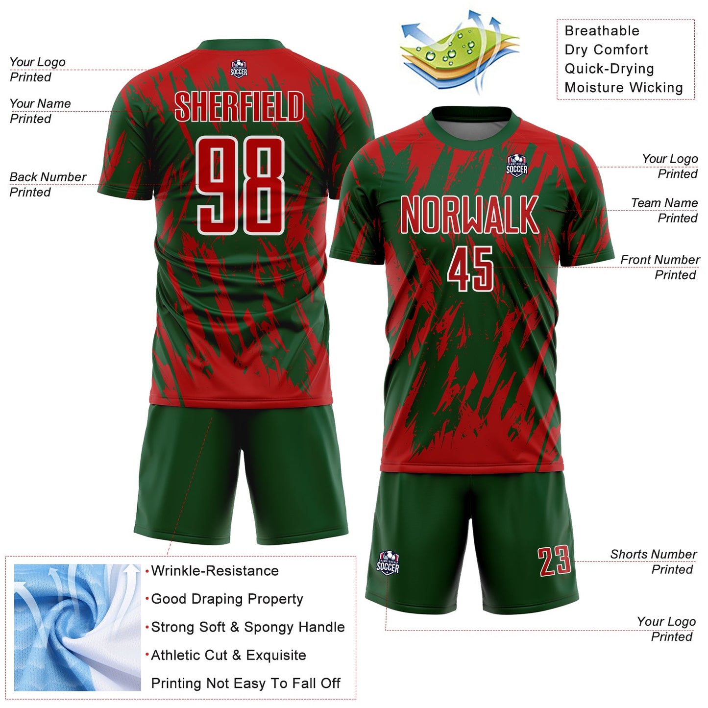 Custom Green Red-White Splatter Torn Sharp Brush Stroke Sublimation Soccer Uniform Jersey view 4