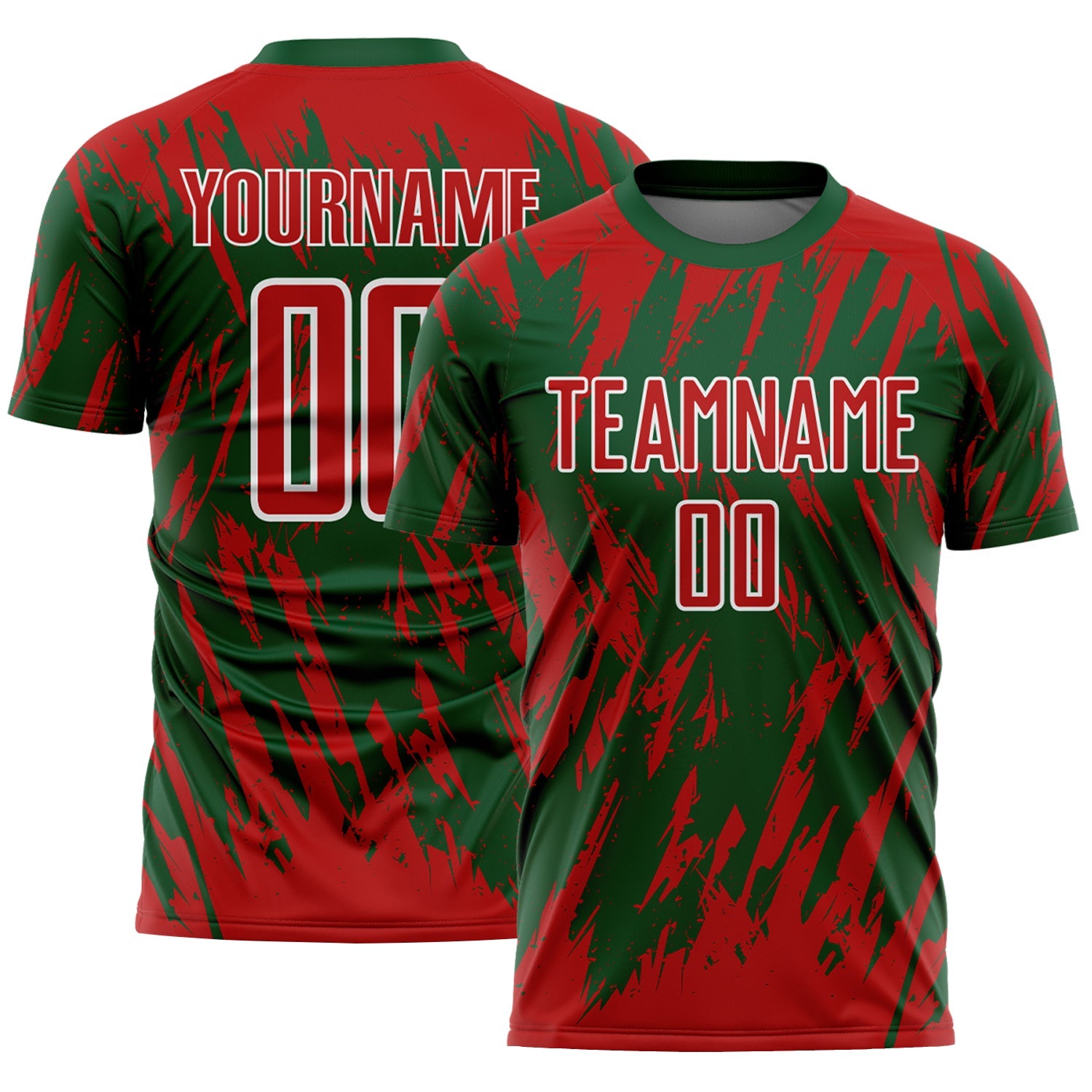 Custom Green Red-White Splatter Torn Sharp Brush Stroke Sublimation Soccer Uniform Jersey - Main View