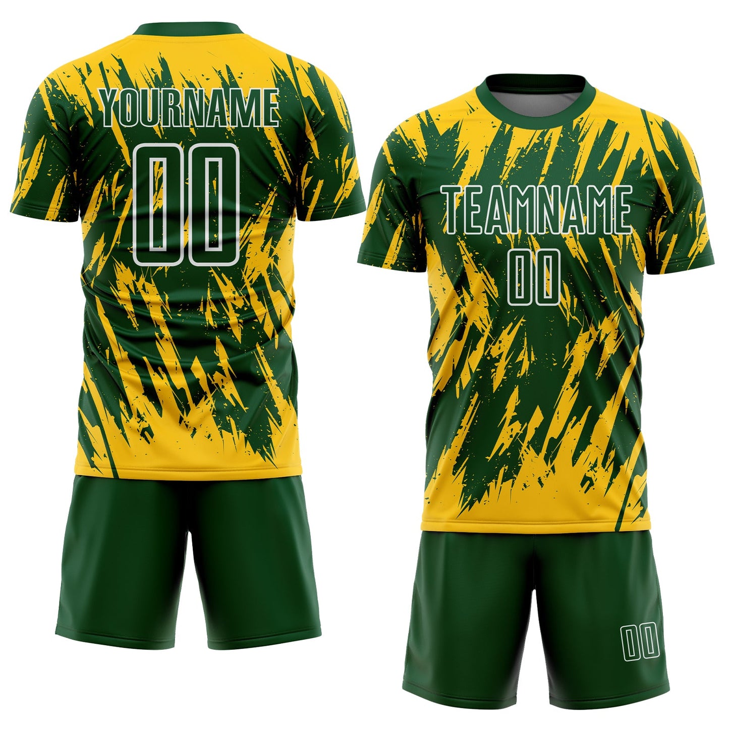Custom Green Yellow-White Splatter Torn Sharp Brush Stroke Sublimation Soccer Uniform Jersey view 2