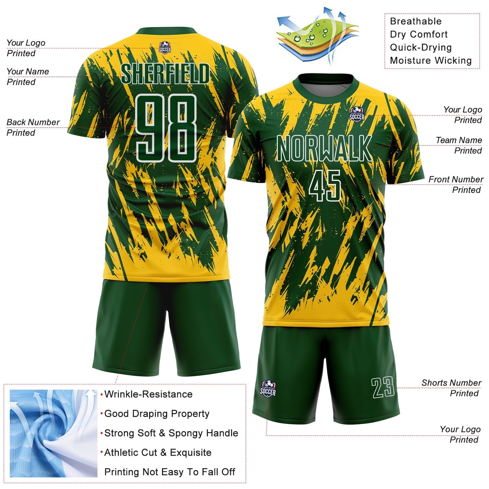 Custom Green Yellow-White Splatter Torn Sharp Brush Stroke Sublimation Soccer Uniform Jersey view 4