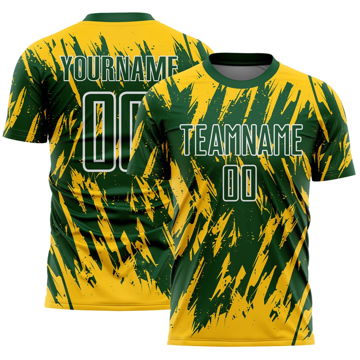 Custom Green Yellow-White Splatter Torn Sharp Brush Stroke Sublimation Soccer Uniform Jersey - Main View