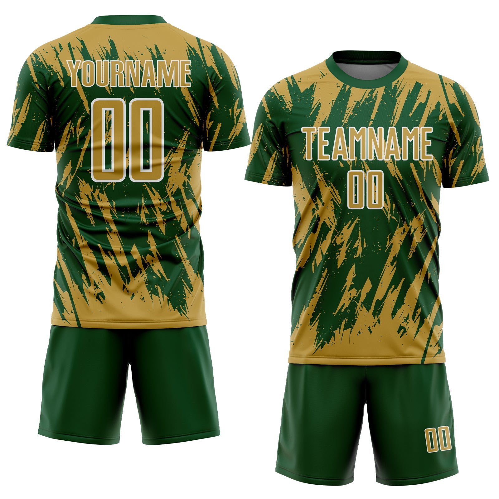 Custom Green Old Gold-White Splatter Torn Sharp Brush Stroke Sublimation Soccer Uniform Jersey view 2