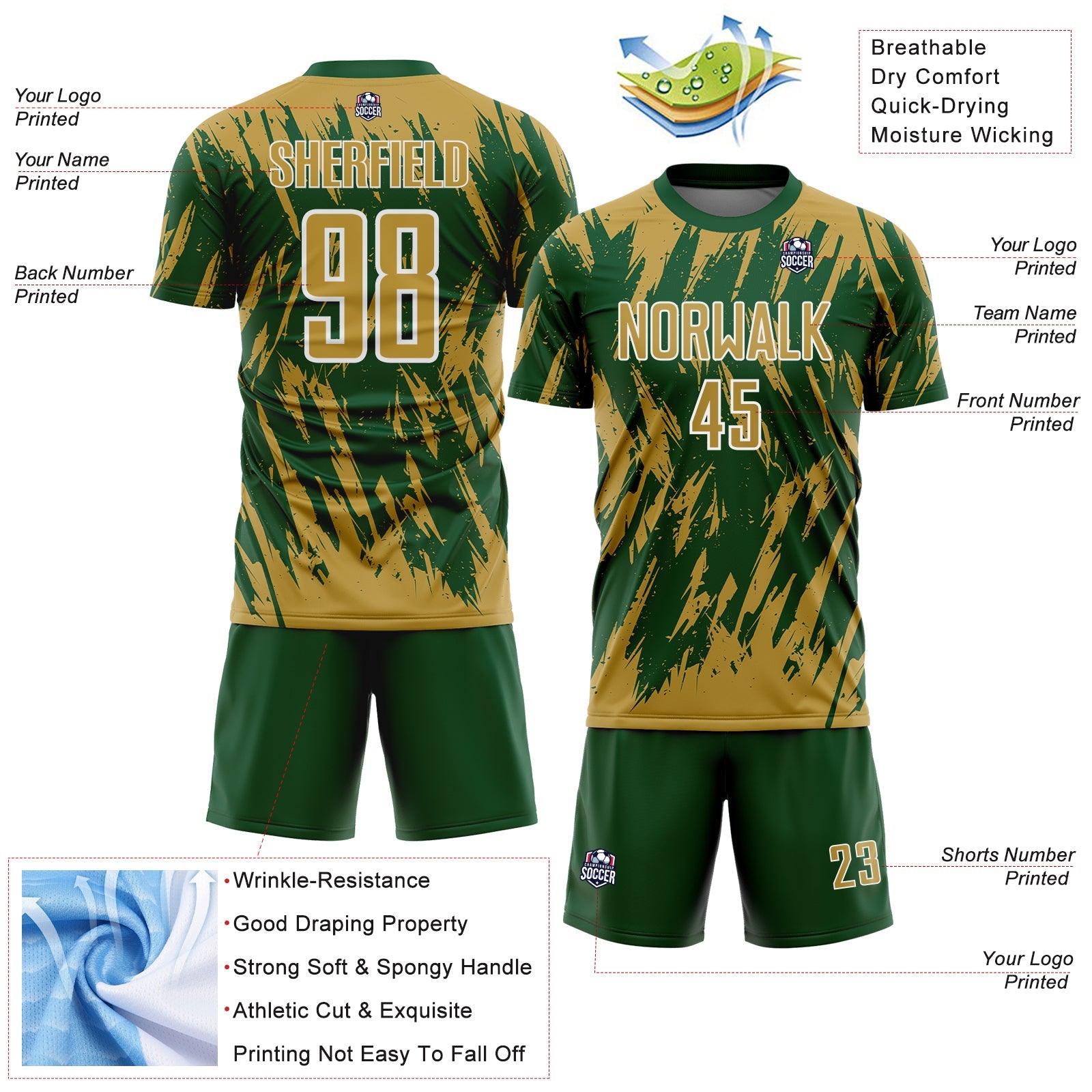 Custom Green Old Gold-White Splatter Torn Sharp Brush Stroke Sublimation Soccer Uniform Jersey view 4