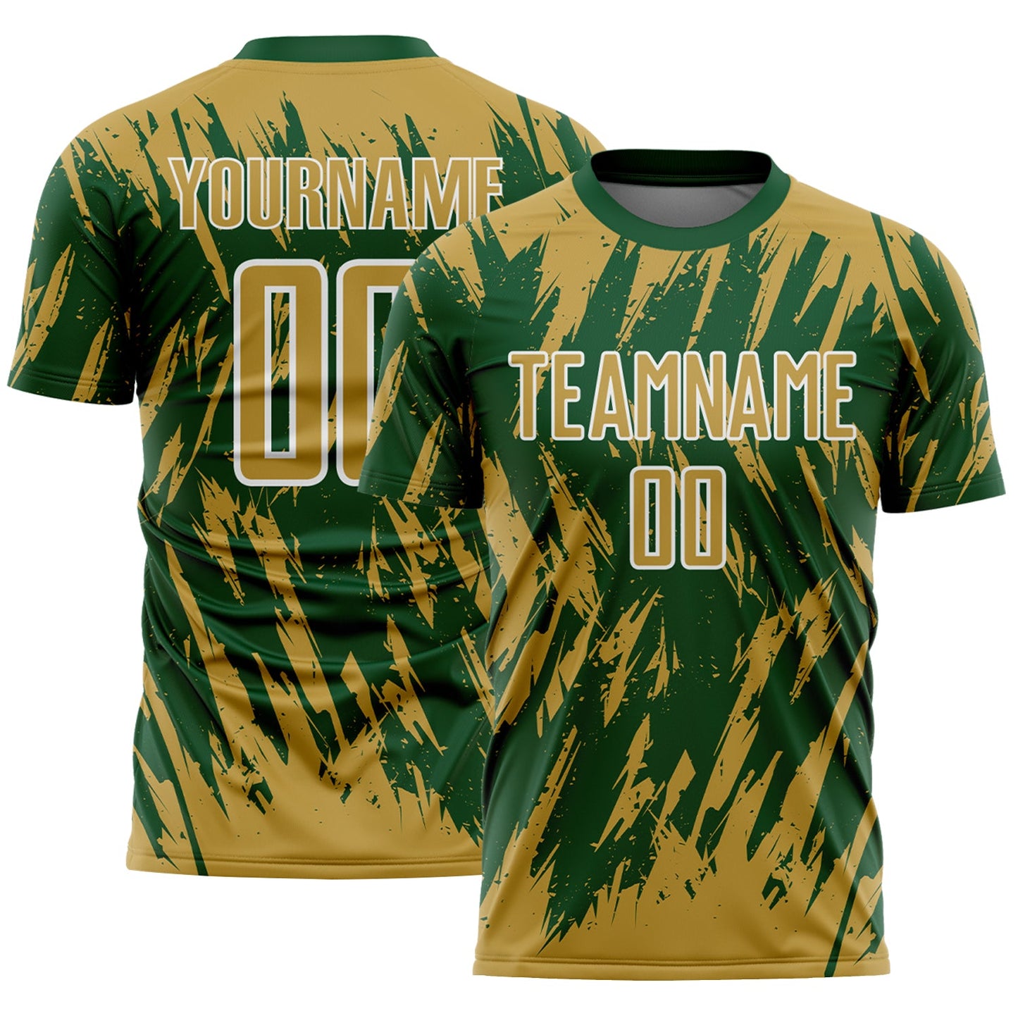 Custom Green Old Gold-White Splatter Torn Sharp Brush Stroke Sublimation Soccer Uniform Jersey - Main View