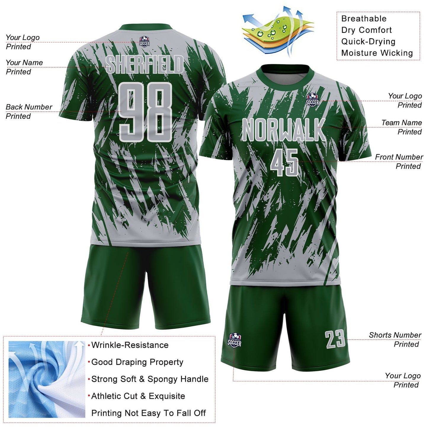 Custom Green Gray-White Splatter Torn Sharp Brush Stroke Sublimation Soccer Uniform Jersey view 4