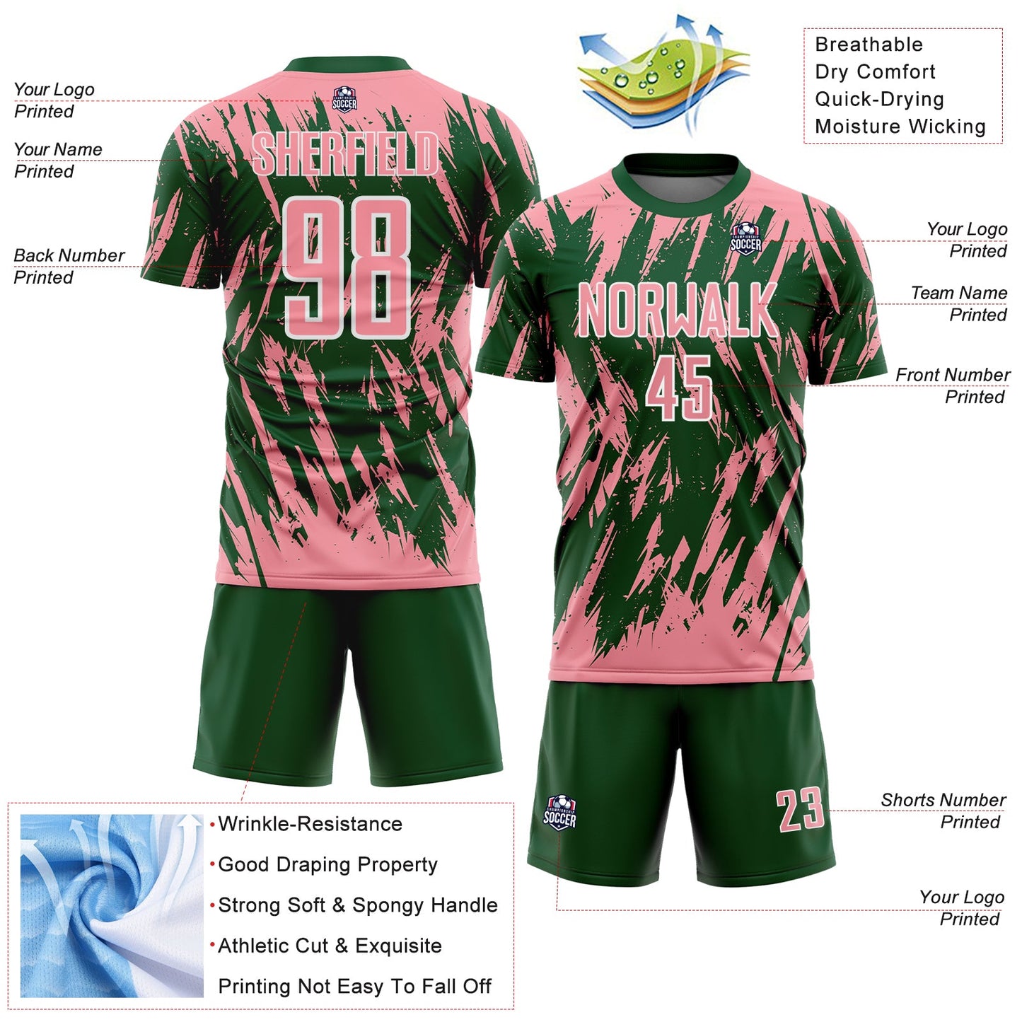 Custom Green Medium Pink-White Splatter Torn Sharp Brush Stroke Sublimation Soccer Uniform Jersey view 4
