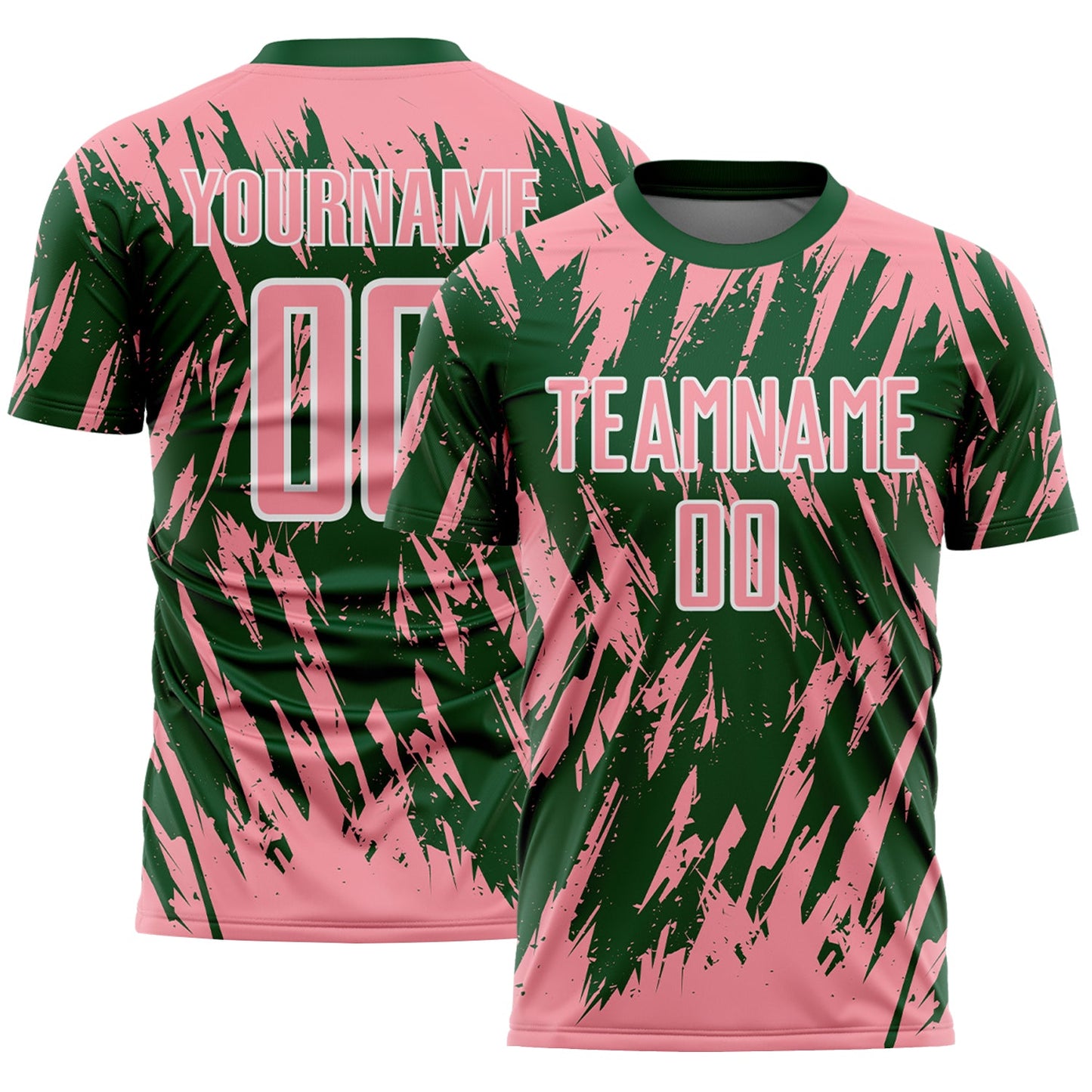 Custom Green Medium Pink-White Splatter Torn Sharp Brush Stroke Sublimation Soccer Uniform Jersey - Main View