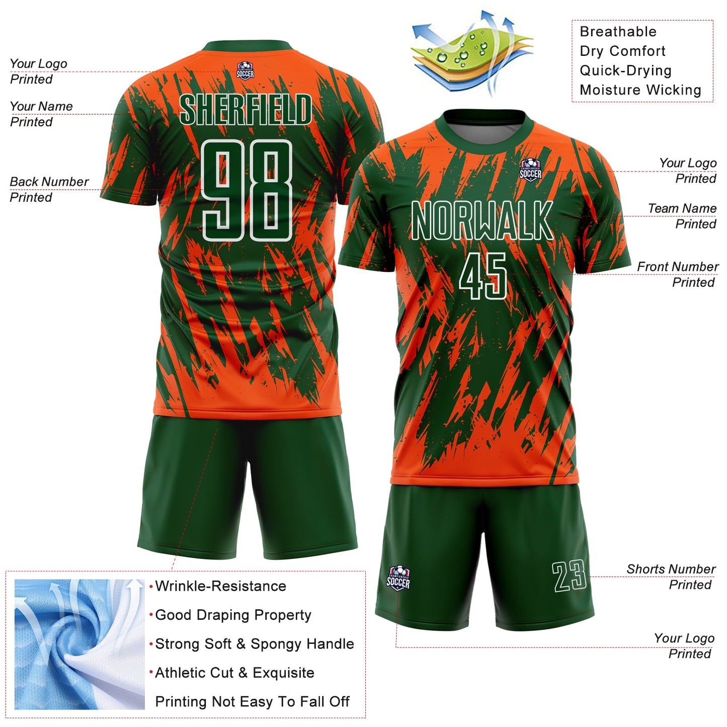 Custom Green Orange-White Splatter Torn Sharp Brush Stroke Sublimation Soccer Uniform Jersey view 4