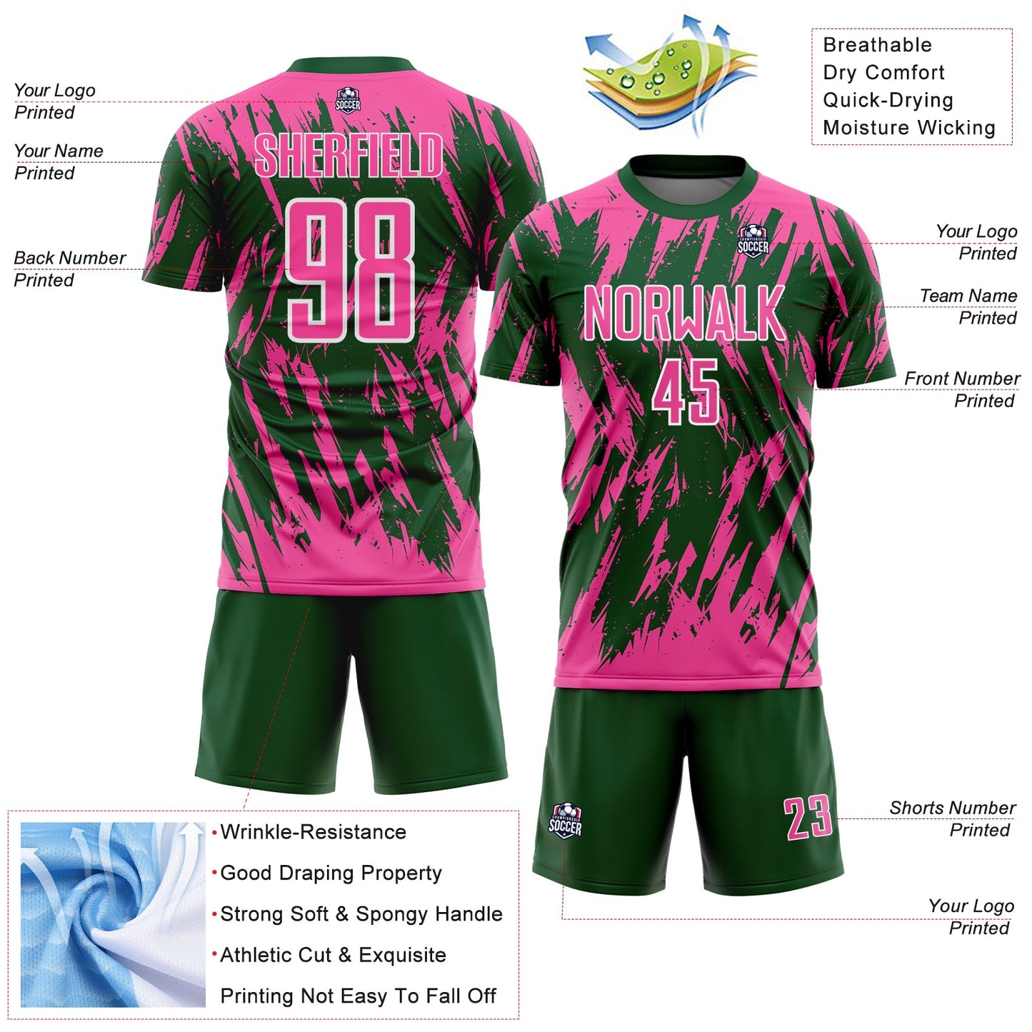 Custom Green Pink-White Splatter Torn Sharp Brush Stroke Sublimation Soccer Uniform Jersey view 4