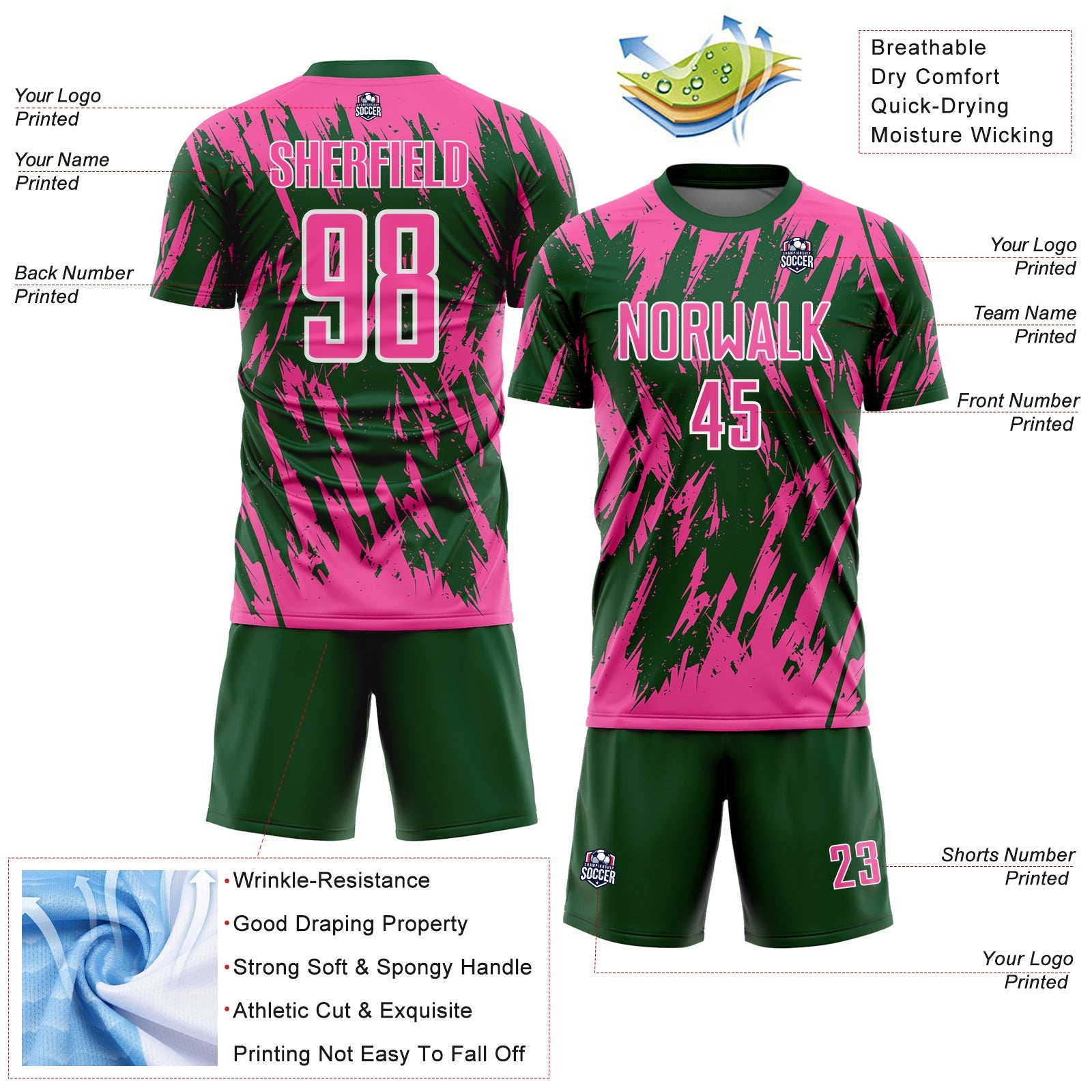 Custom Green Pink-White Splatter Torn Sharp Brush Stroke Sublimation Soccer Uniform Jersey view 4