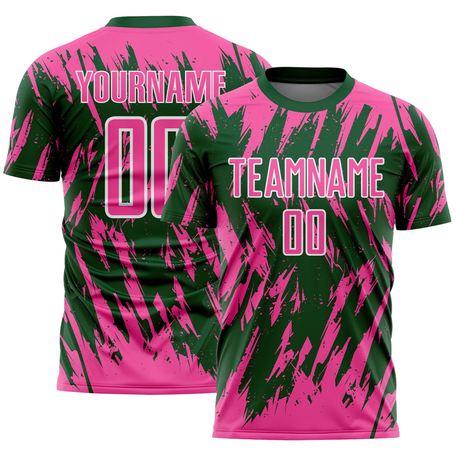 Custom Green Pink-White Splatter Torn Sharp Brush Stroke Sublimation Soccer Uniform Jersey - Main View