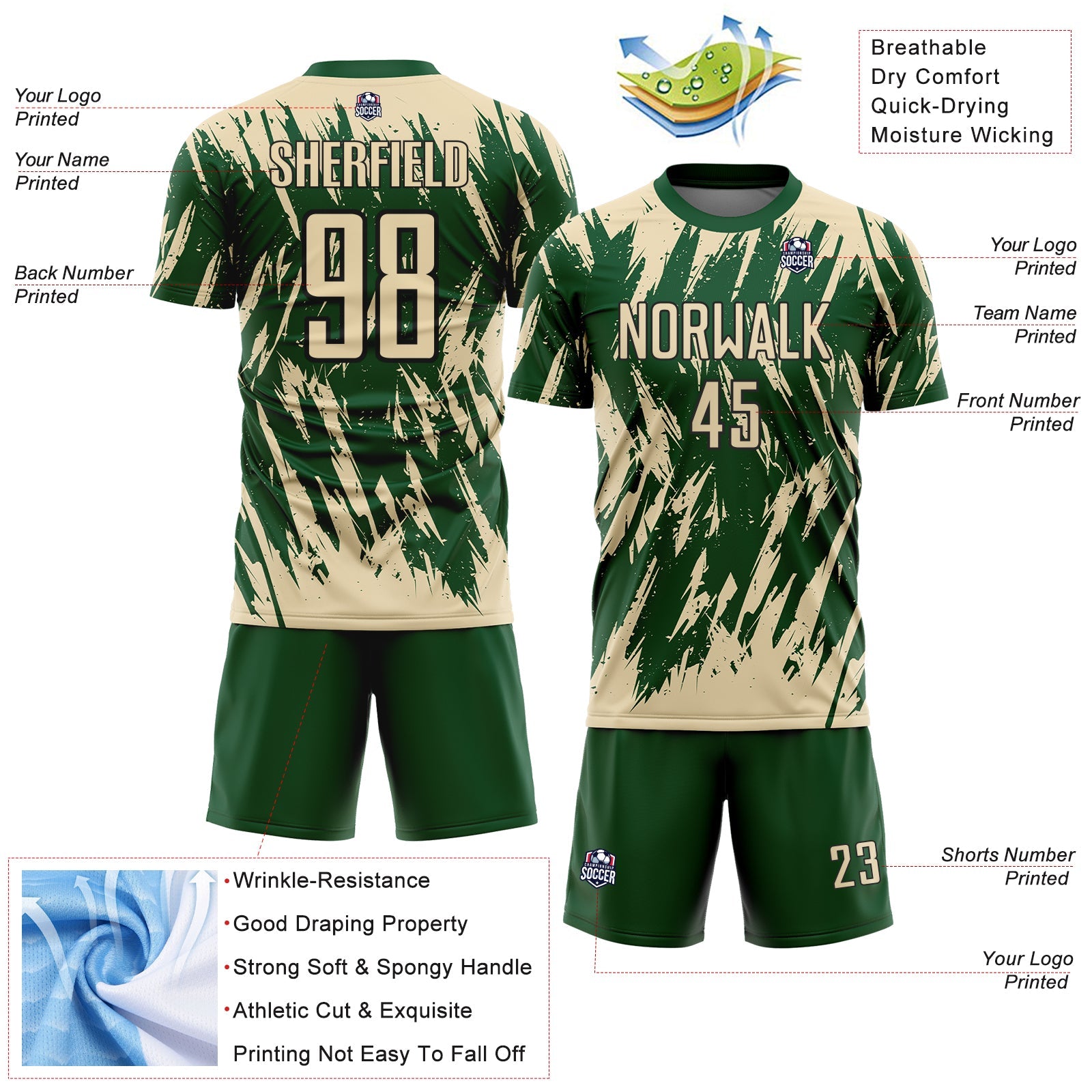 Custom Green Cream-Black Splatter Torn Sharp Brush Stroke Sublimation Soccer Uniform Jersey view 4