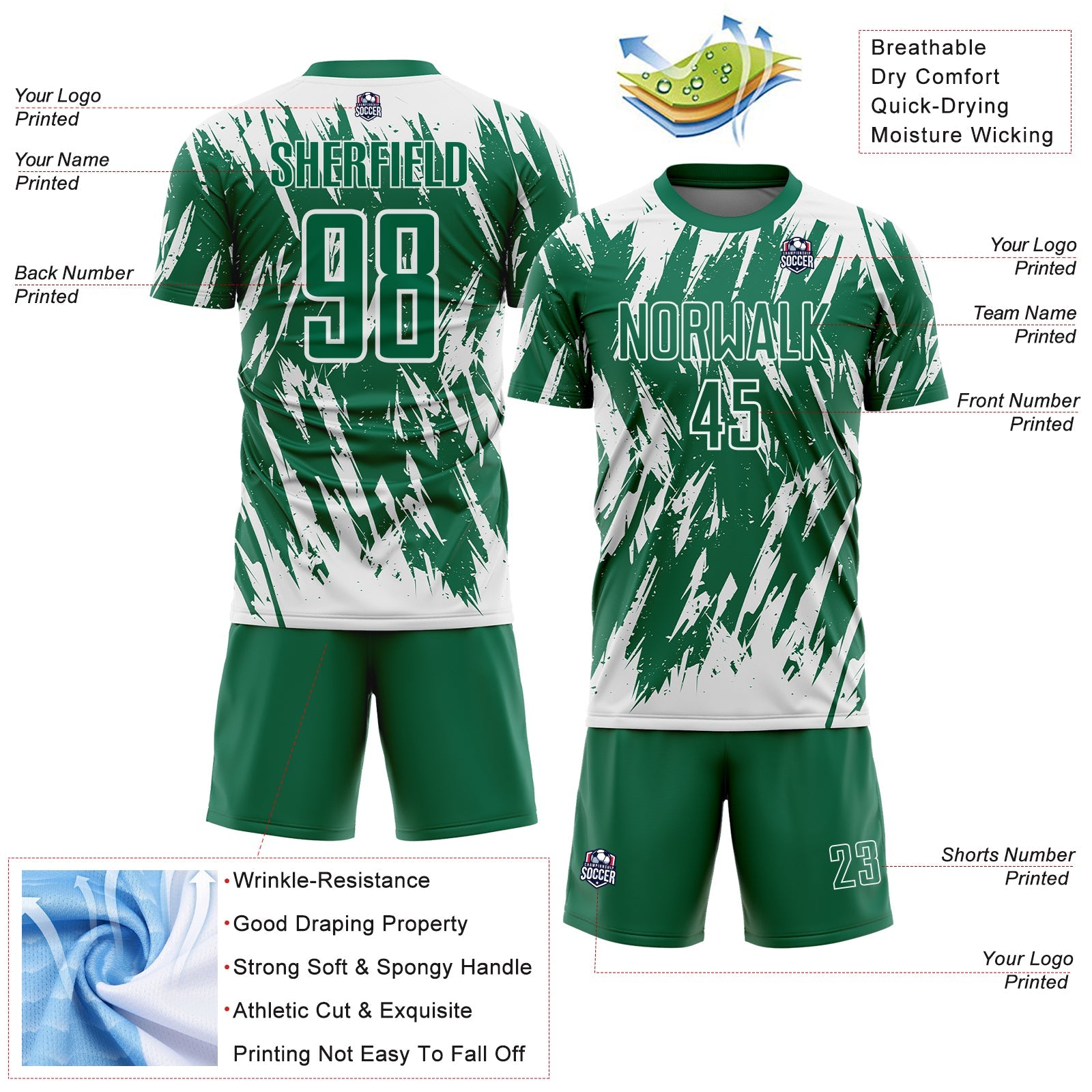Custom Kelly Green-White Splatter Torn Sharp Brush Stroke Sublimation Soccer Uniform Jersey view 4