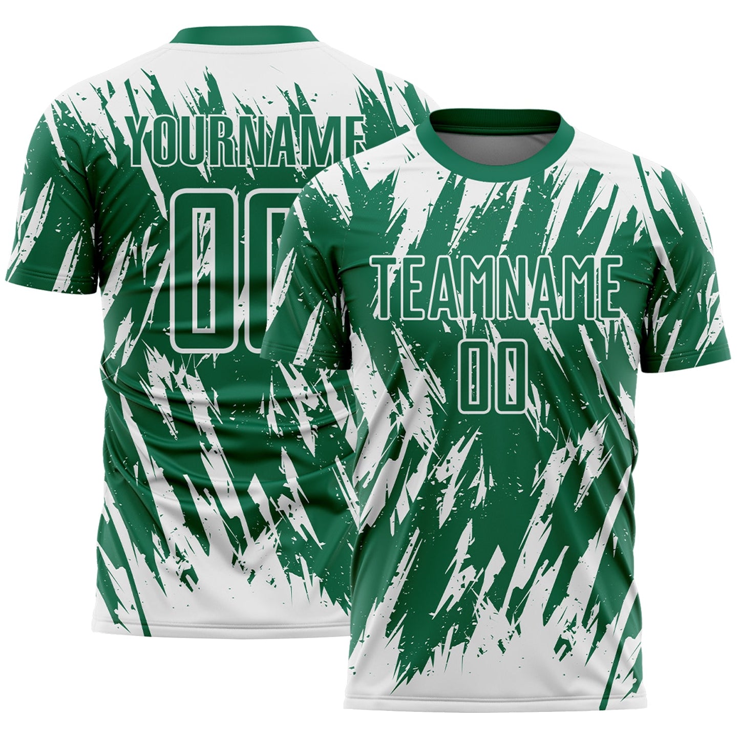 Custom Kelly Green-White Splatter Torn Sharp Brush Stroke Sublimation Soccer Uniform Jersey - Main View