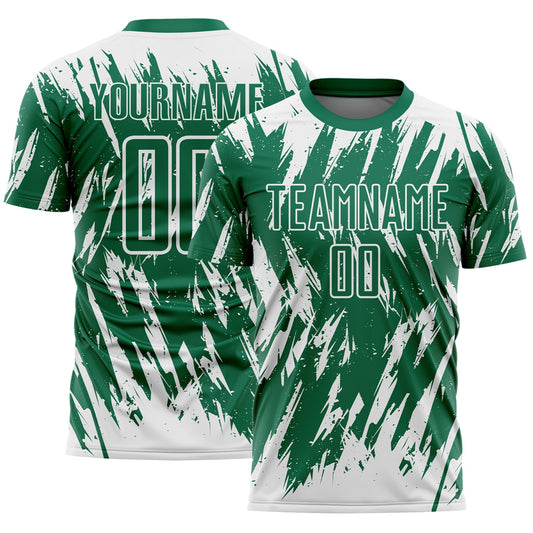 Custom Kelly Green-White Splatter Torn Sharp Brush Stroke Sublimation Soccer Uniform Jersey - Main View