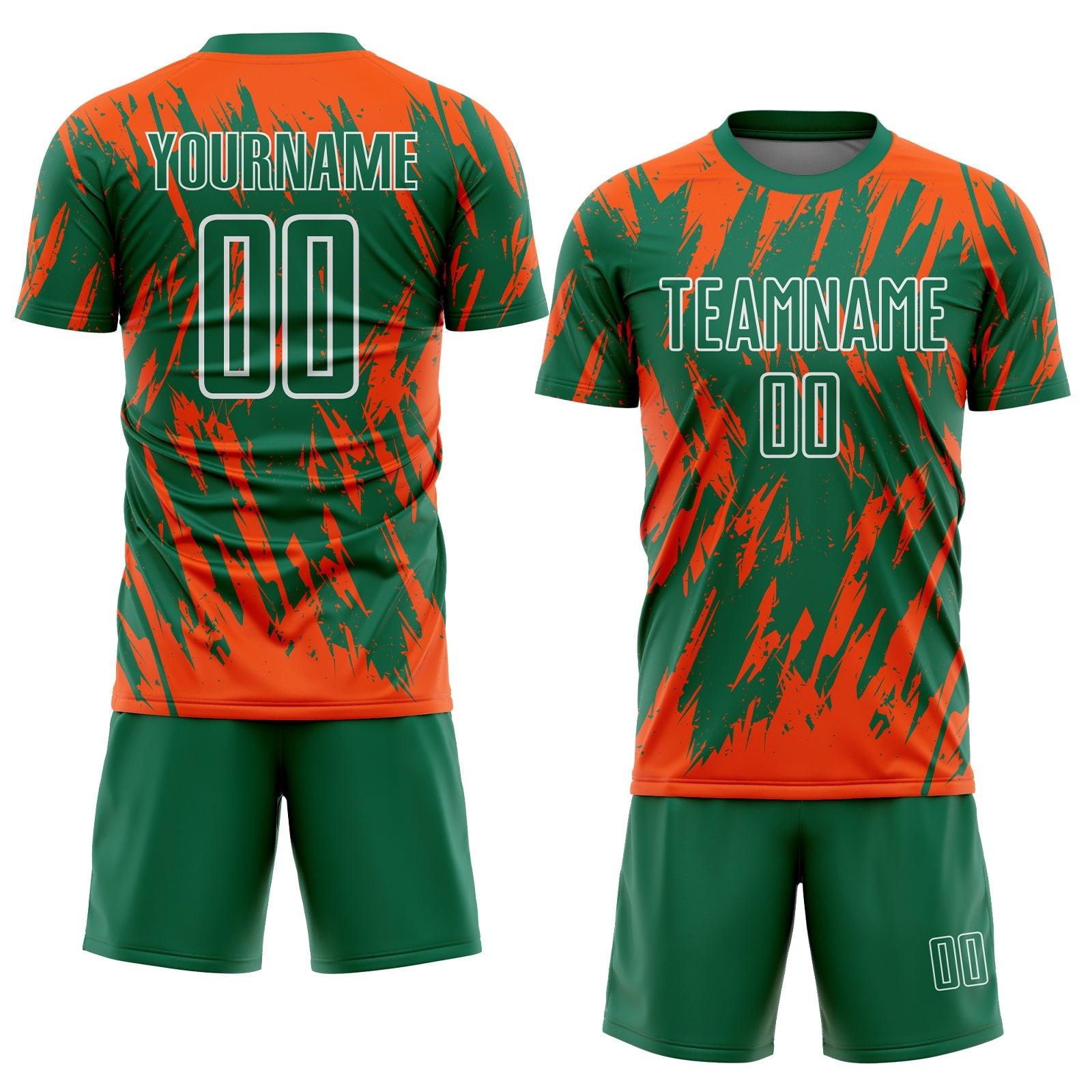 Custom Kelly Green Orange-White Splatter Torn Sharp Brush Stroke Sublimation Soccer Uniform Jersey view 2