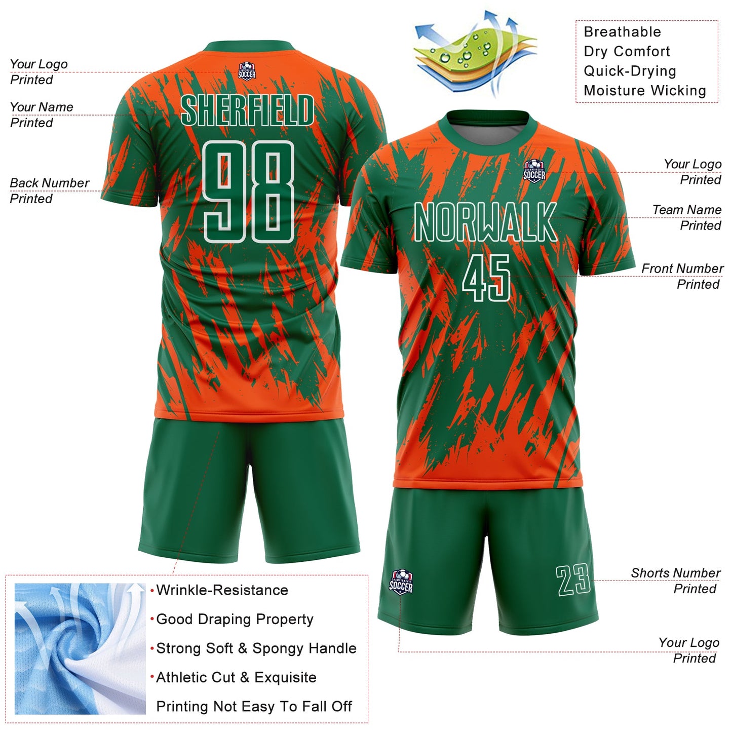 Custom Kelly Green Orange-White Splatter Torn Sharp Brush Stroke Sublimation Soccer Uniform Jersey view 4