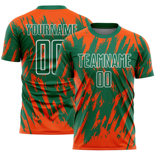Custom Kelly Green Orange-White Splatter Torn Sharp Brush Stroke Sublimation Soccer Uniform Jersey - Main View