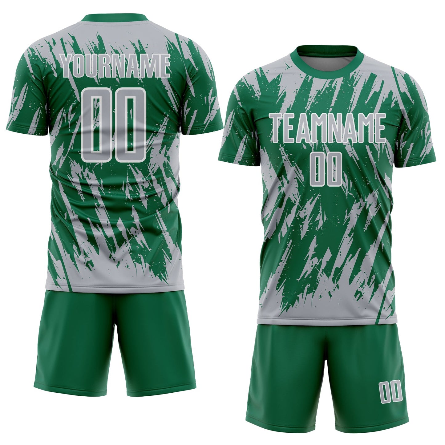 Custom Kelly Green Gray-White Splatter Torn Sharp Brush Stroke Sublimation Soccer Uniform Jersey view 2