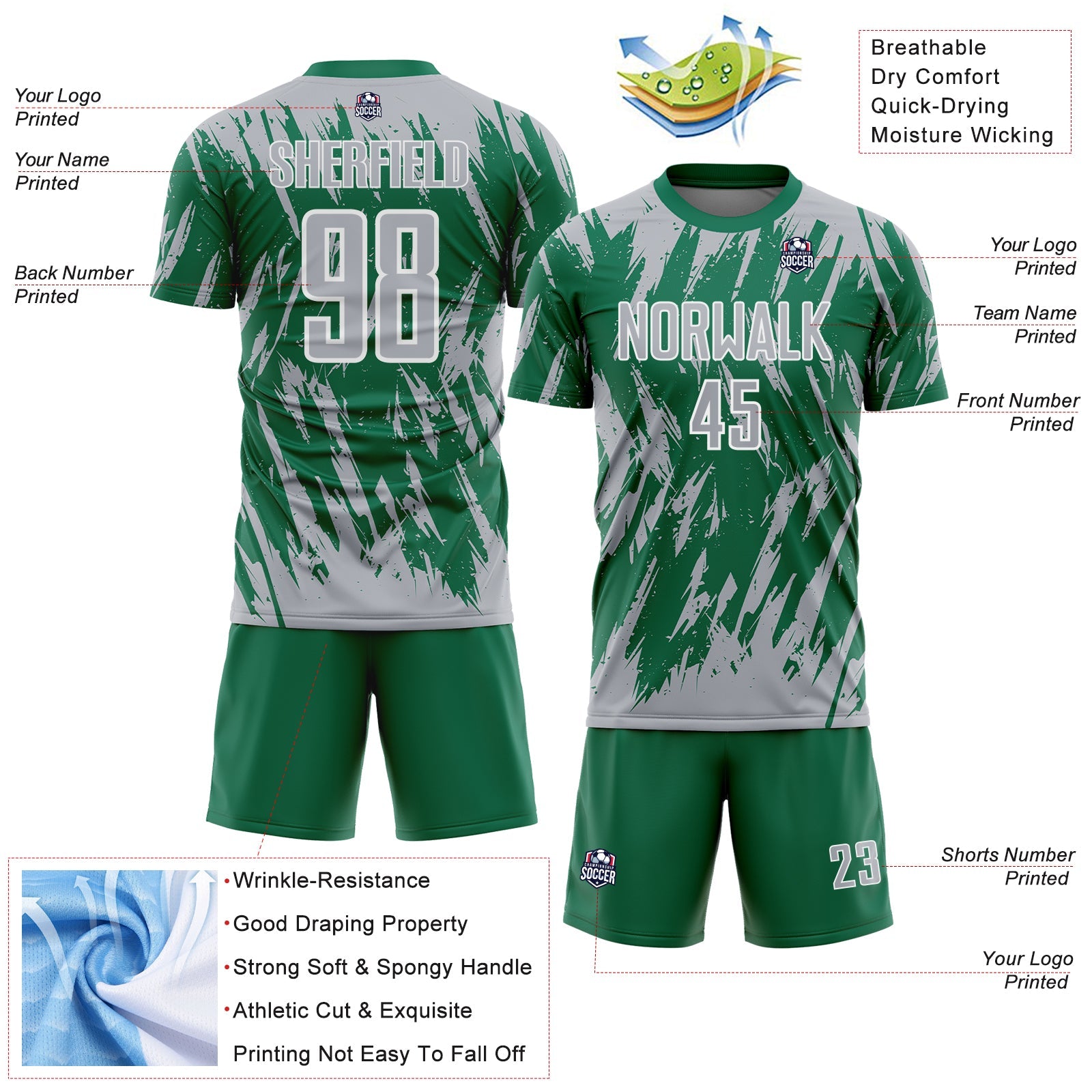Custom Kelly Green Gray-White Splatter Torn Sharp Brush Stroke Sublimation Soccer Uniform Jersey view 4