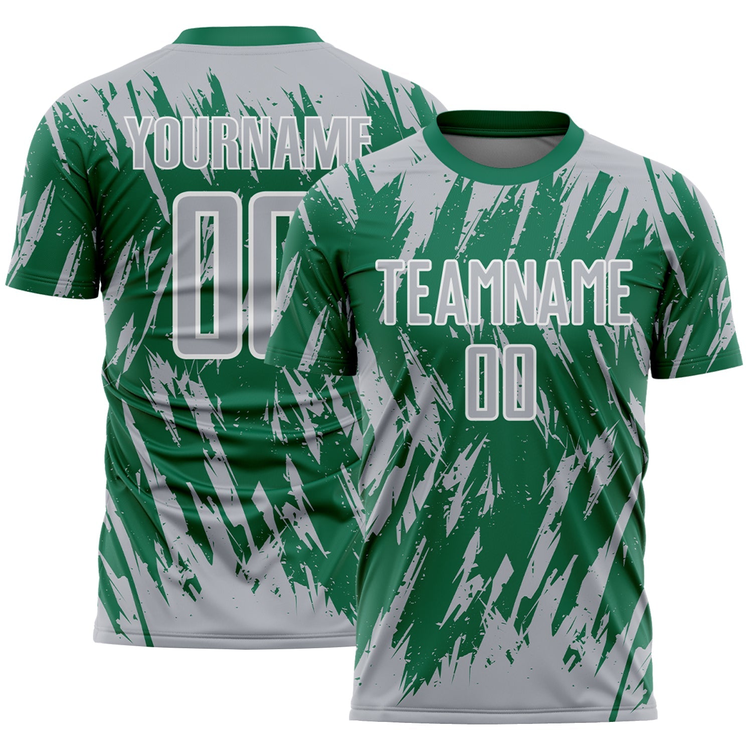 Custom Kelly Green Gray-White Splatter Torn Sharp Brush Stroke Sublimation Soccer Uniform Jersey - Main View