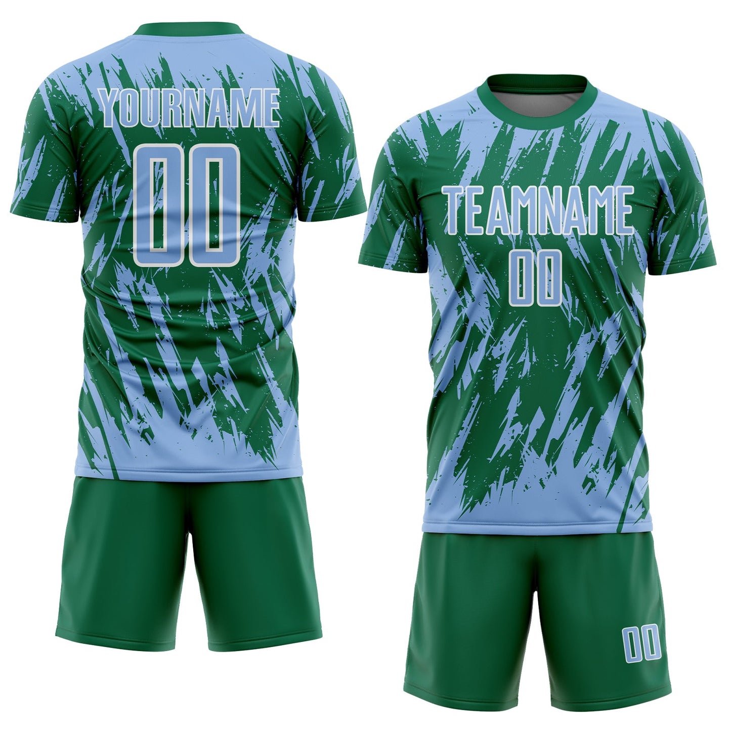 Custom Kelly Green Light Blue-White Splatter Torn Sharp Brush Stroke Sublimation Soccer Uniform Jersey view 2