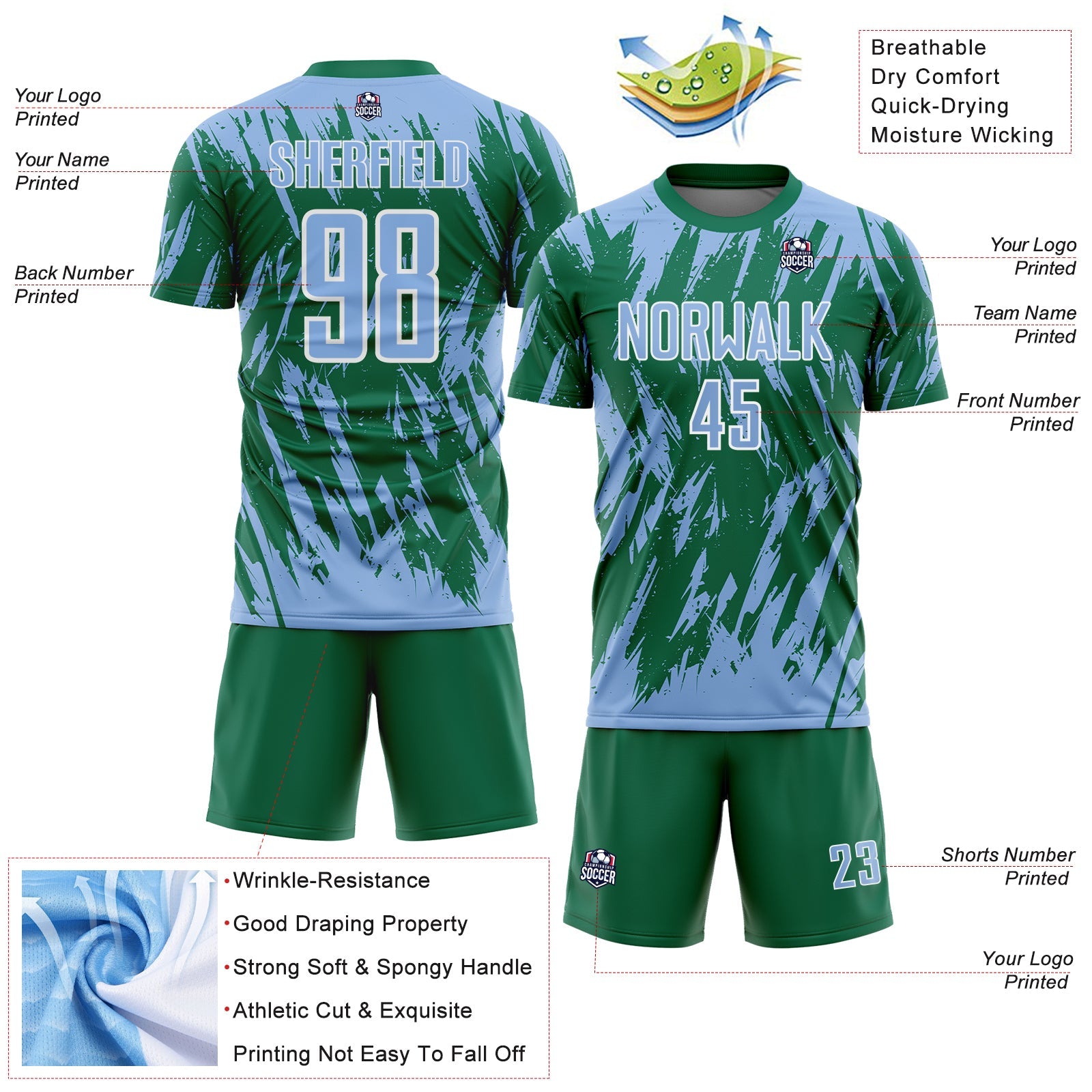 Custom Kelly Green Light Blue-White Splatter Torn Sharp Brush Stroke Sublimation Soccer Uniform Jersey view 4