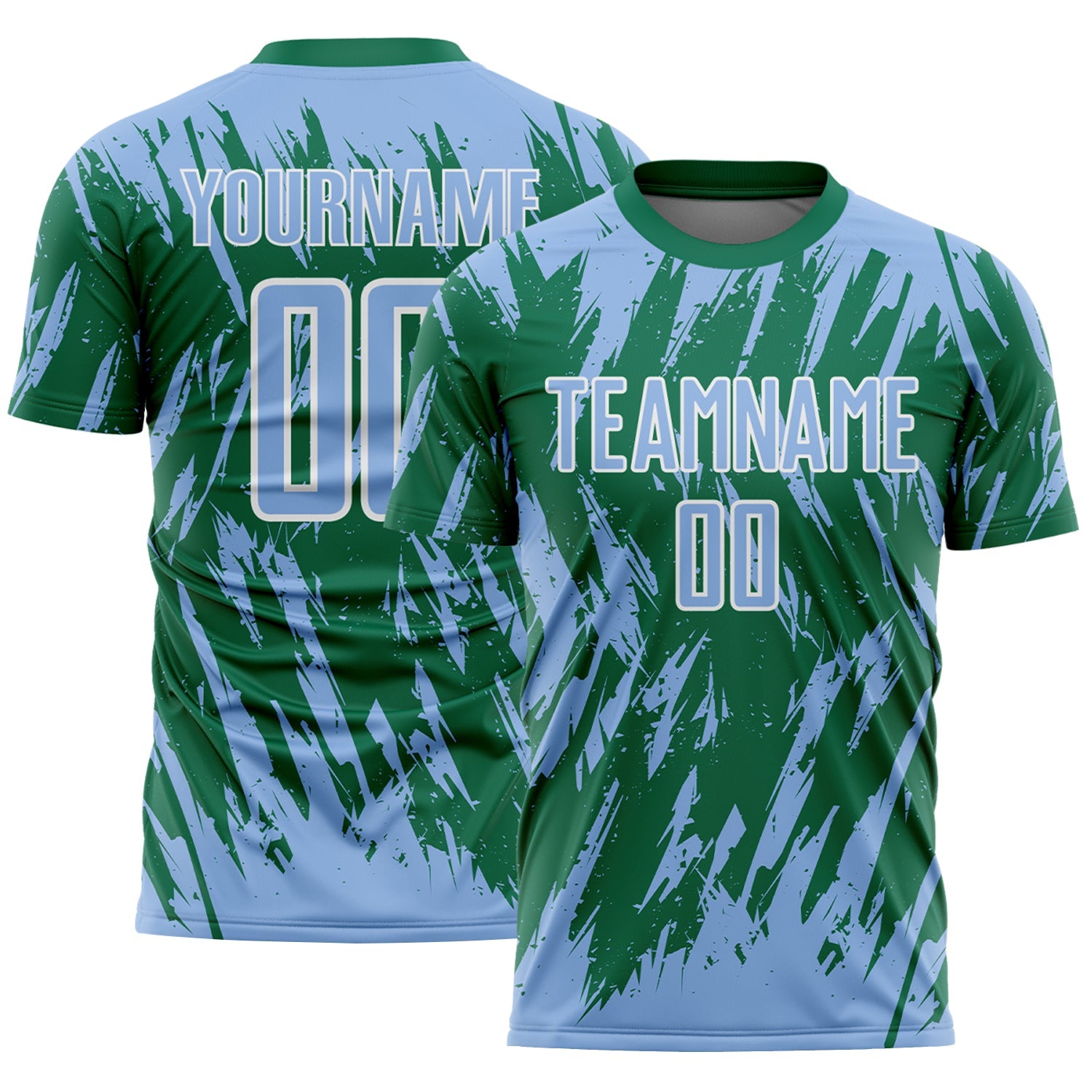 Custom Kelly Green Light Blue-White Splatter Torn Sharp Brush Stroke Sublimation Soccer Uniform Jersey - Main View