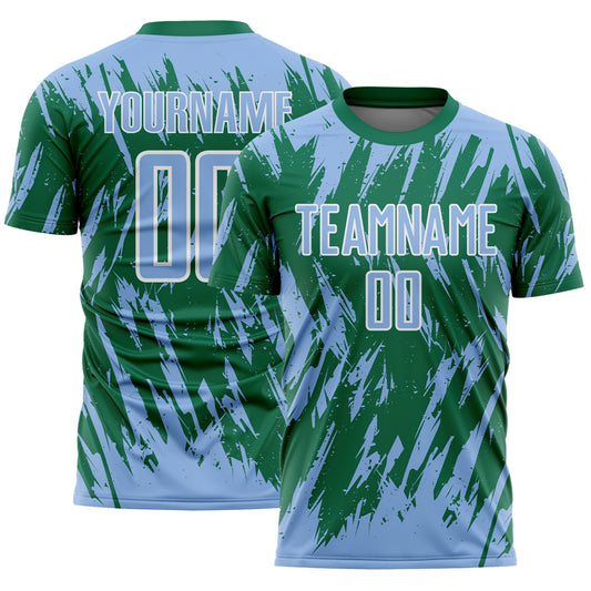 Custom Kelly Green Light Blue-White Splatter Torn Sharp Brush Stroke Sublimation Soccer Uniform Jersey - Main View