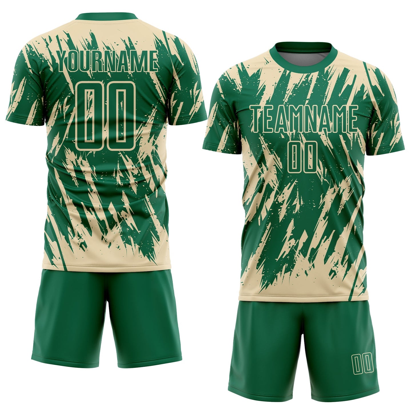 Custom Kelly Green-Cream Splatter Torn Sharp Brush Stroke Sublimation Soccer Uniform Jersey view 2