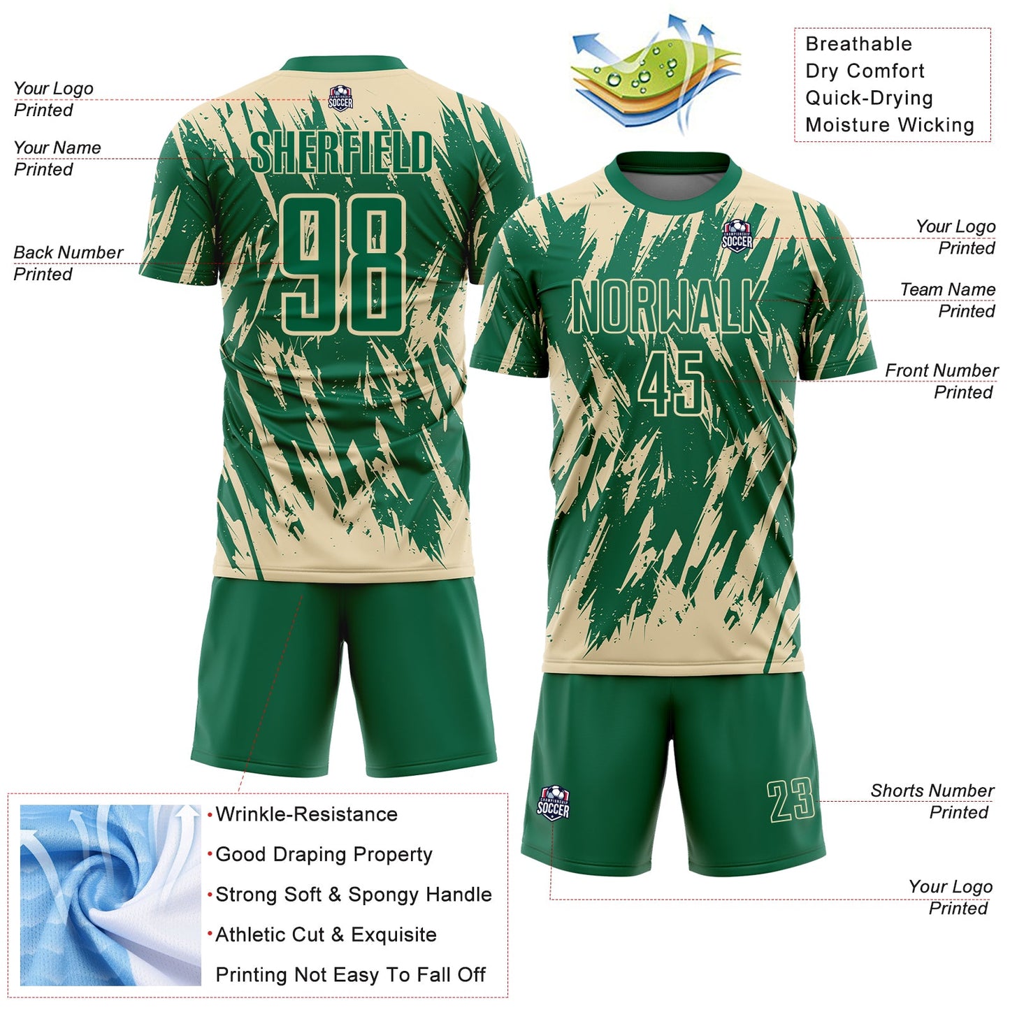 Custom Kelly Green-Cream Splatter Torn Sharp Brush Stroke Sublimation Soccer Uniform Jersey view 4