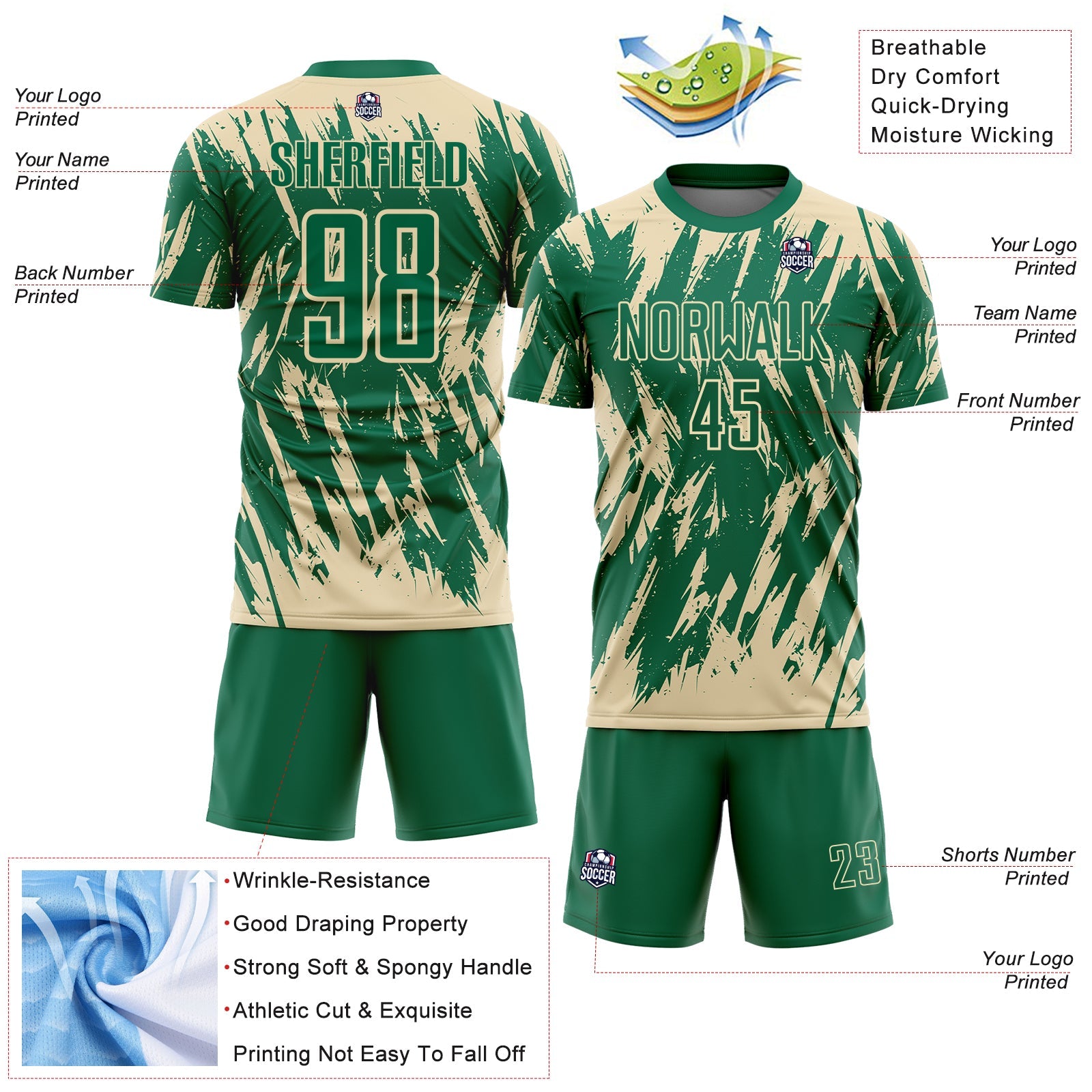 Custom Kelly Green-Cream Splatter Torn Sharp Brush Stroke Sublimation Soccer Uniform Jersey view 4