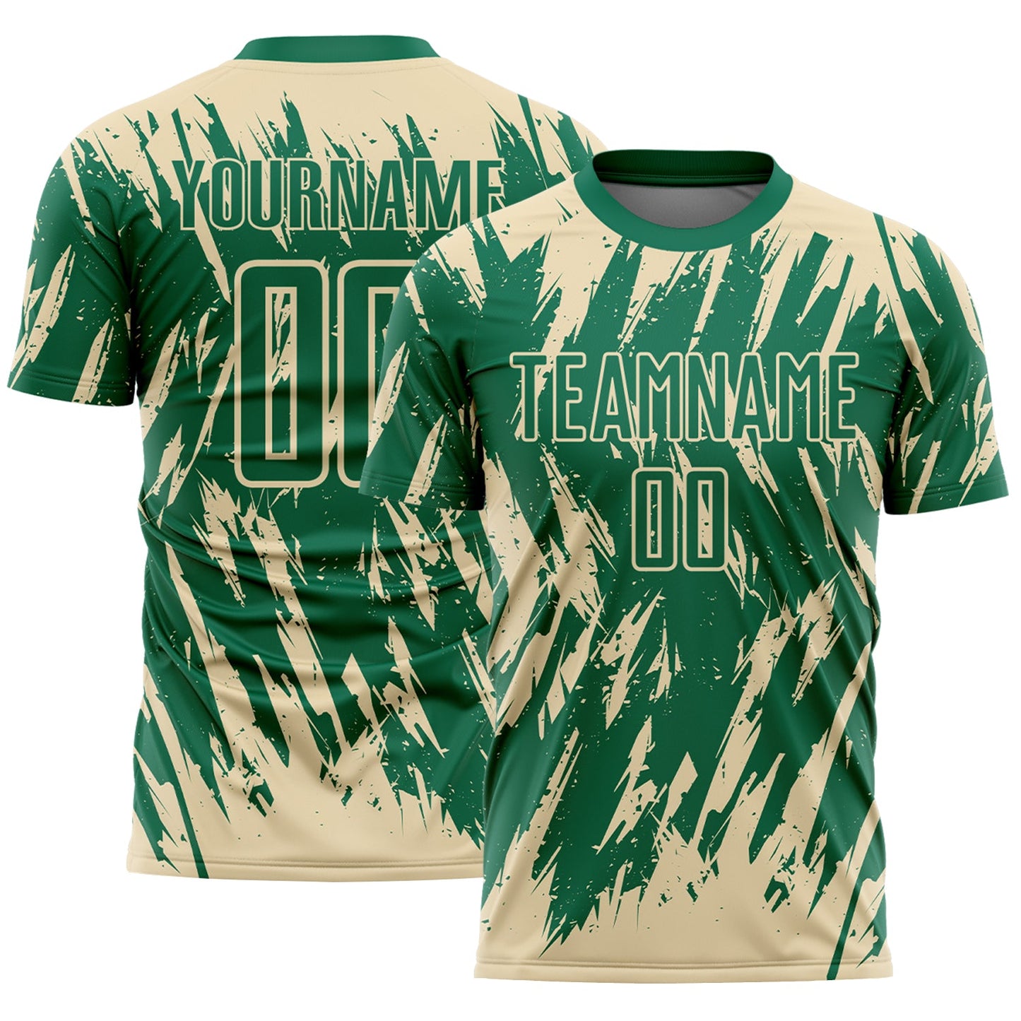 Custom Kelly Green-Cream Splatter Torn Sharp Brush Stroke Sublimation Soccer Uniform Jersey - Main View