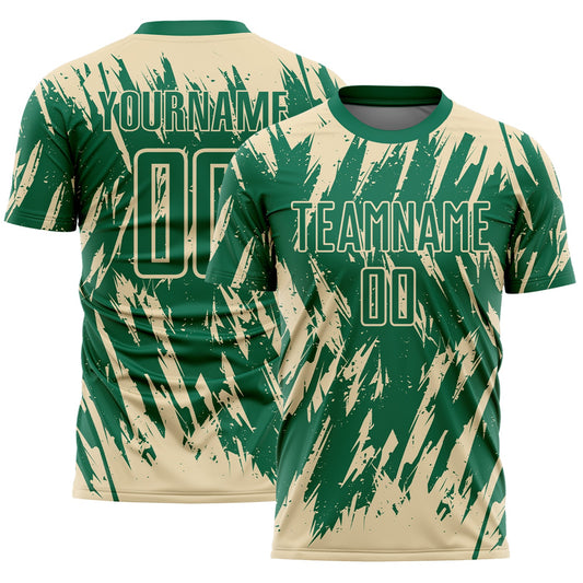 Custom Kelly Green-Cream Splatter Torn Sharp Brush Stroke Sublimation Soccer Uniform Jersey - Main View