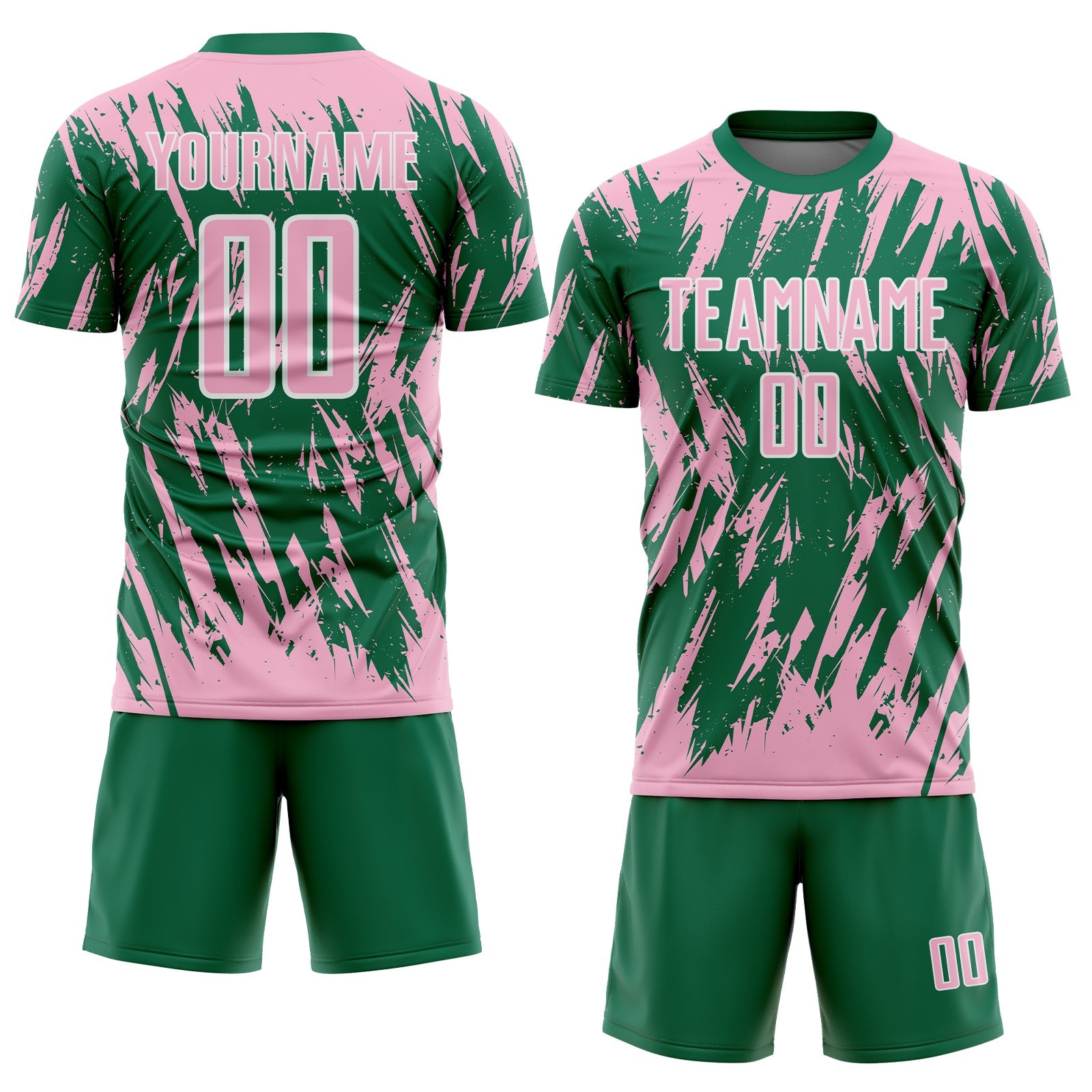 Custom Kelly Green Light Pink-White Splatter Torn Sharp Brush Stroke Sublimation Soccer Uniform Jersey view 2