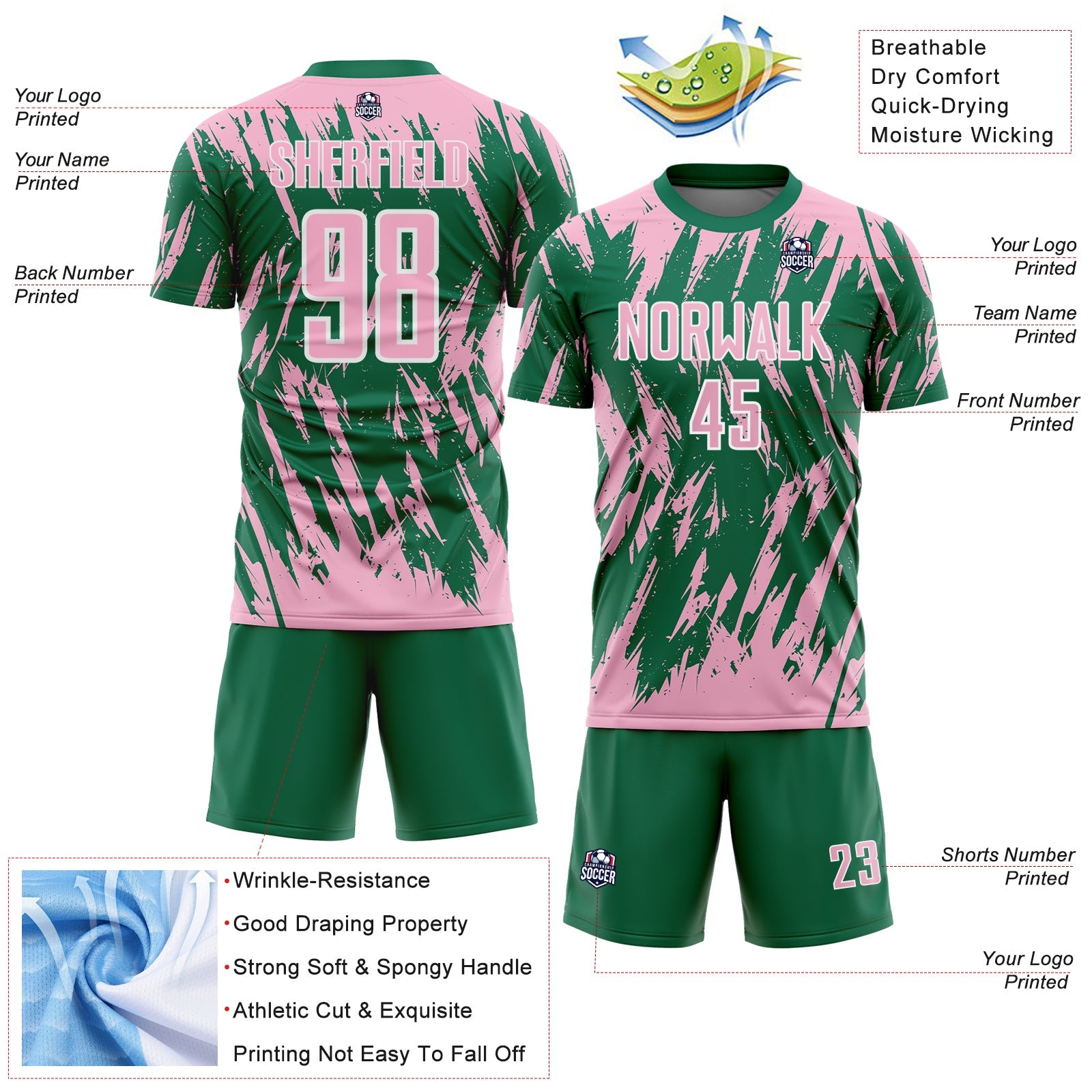 Custom Kelly Green Light Pink-White Splatter Torn Sharp Brush Stroke Sublimation Soccer Uniform Jersey view 4