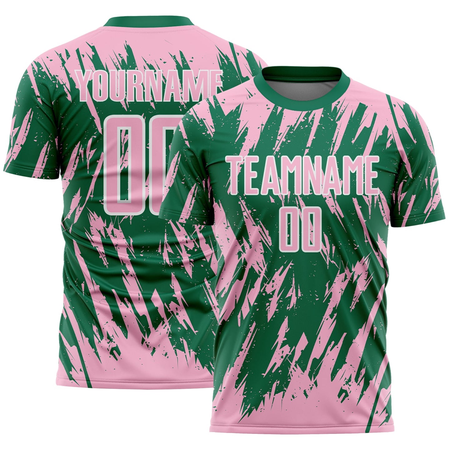 Custom Kelly Green Light Pink-White Splatter Torn Sharp Brush Stroke Sublimation Soccer Uniform Jersey - Main View