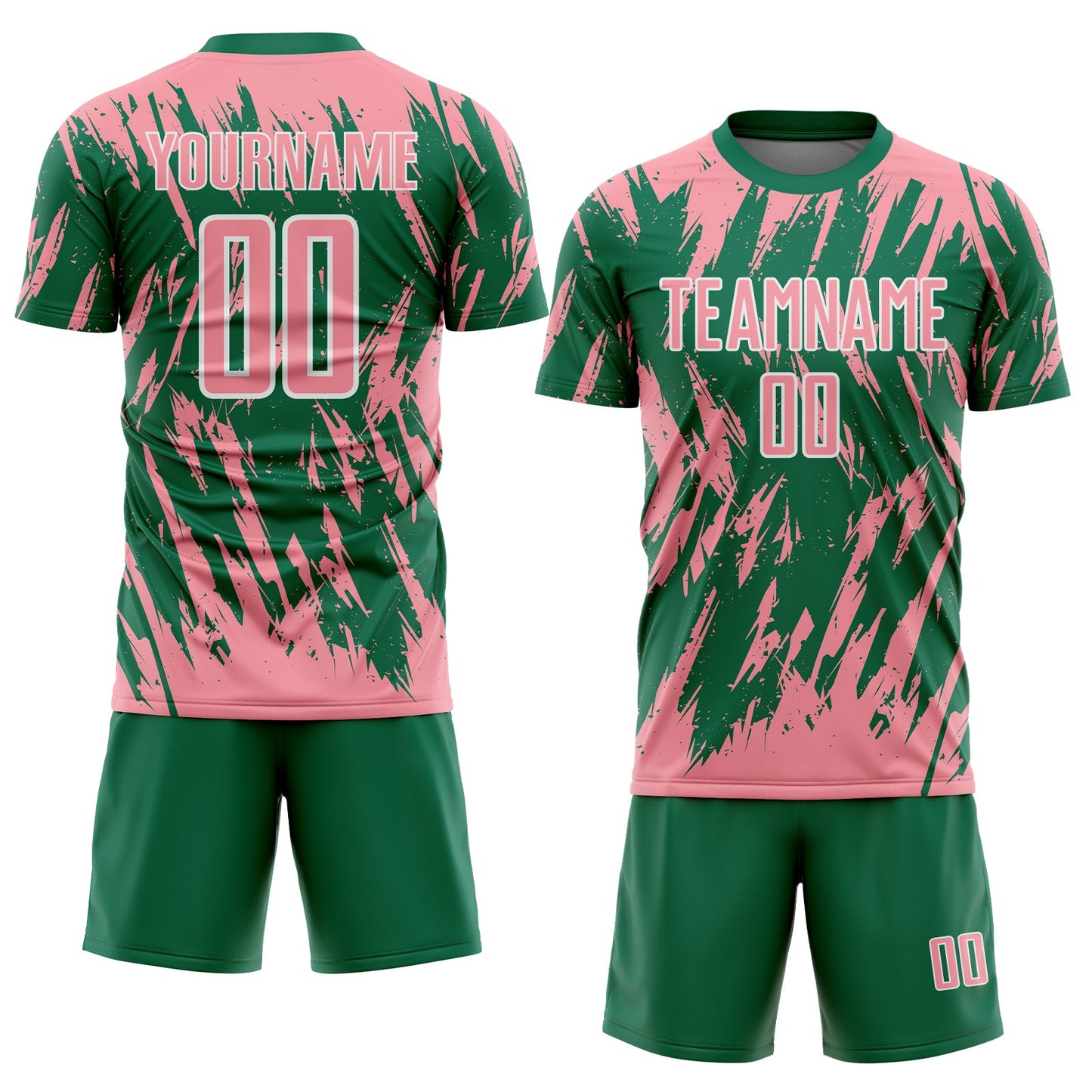 Custom Kelly Green Medium Pink-White Splatter Torn Sharp Brush Stroke Sublimation Soccer Uniform Jersey view 2